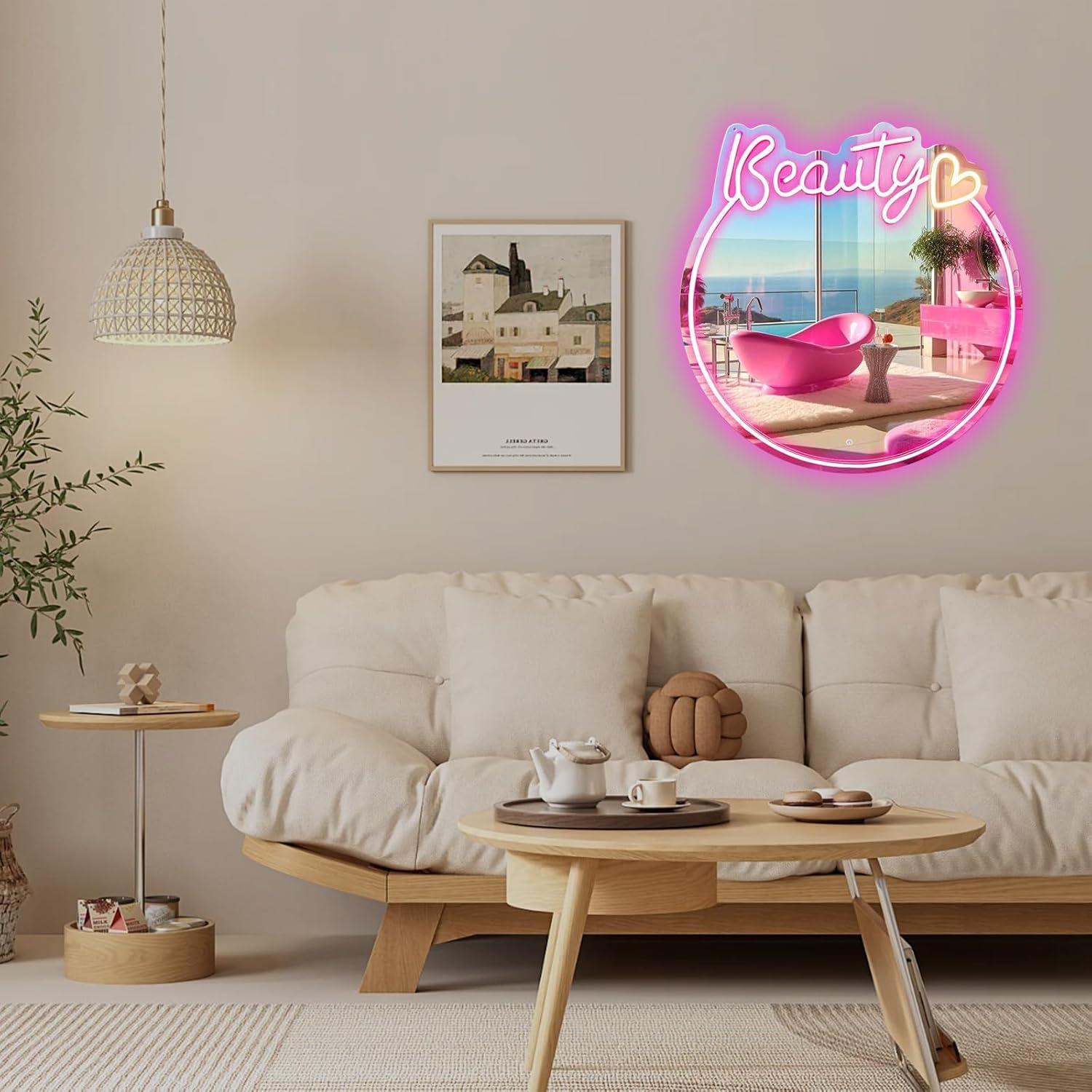 Espejo de Neón LED Rosa 16" Neonawall para Decoración