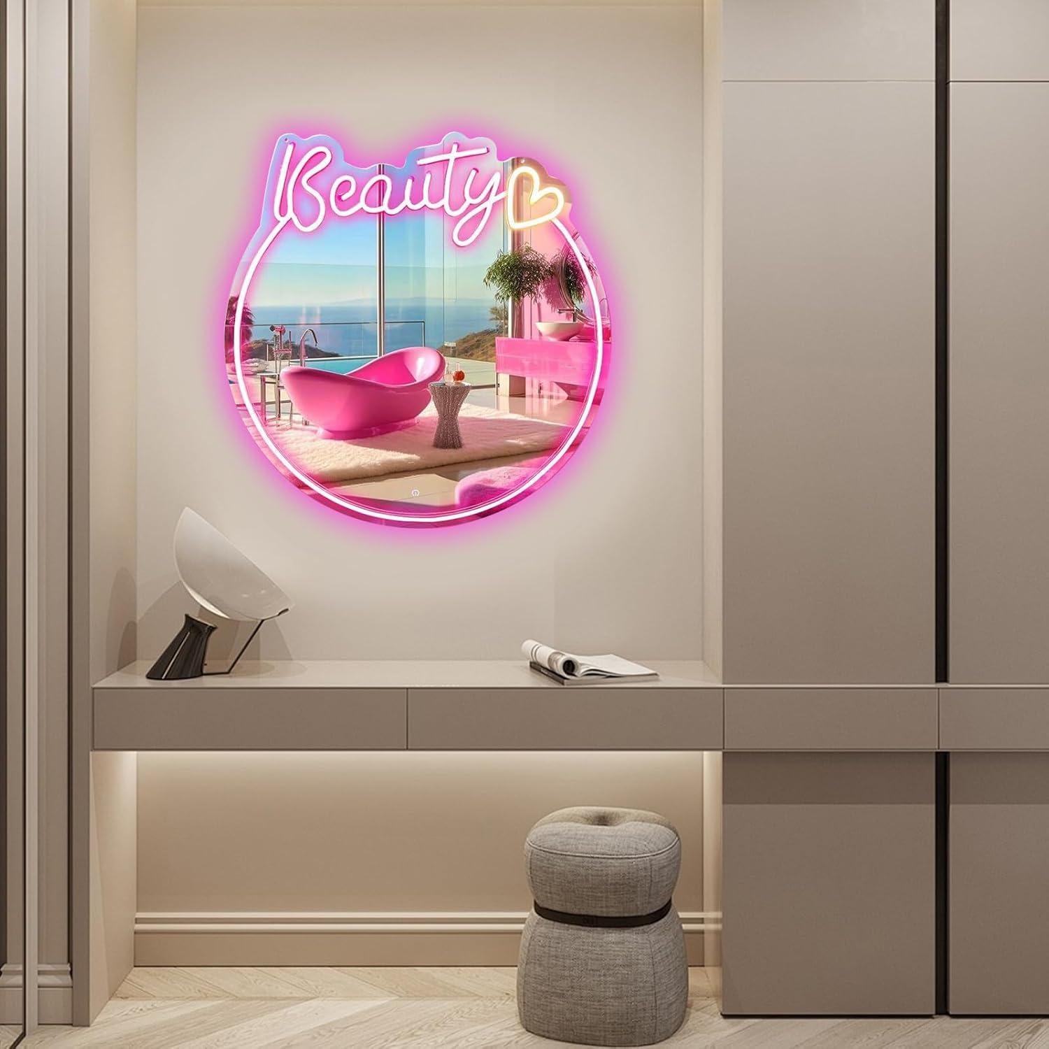 Espejo de Neón LED Rosa 16" Neonawall para Decoración