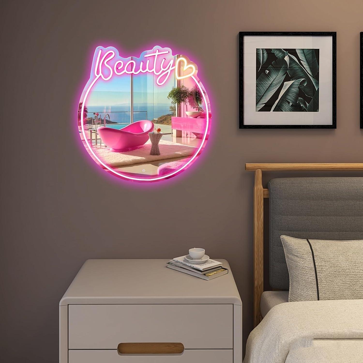 Espejo de Neón LED Rosa 16" Neonawall para Decoración