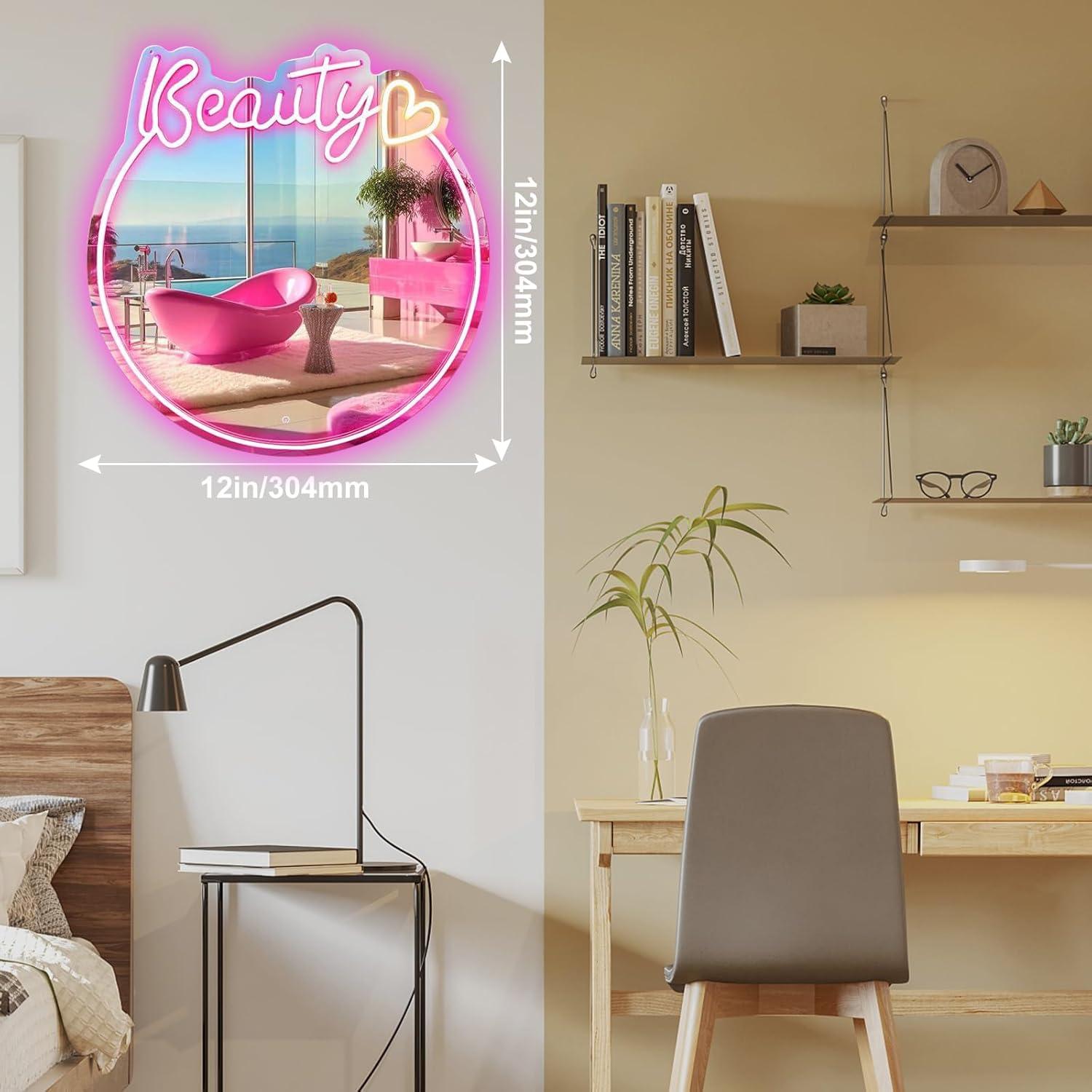 Espejo de Neón LED Rosa 16" Neonawall para Decoración