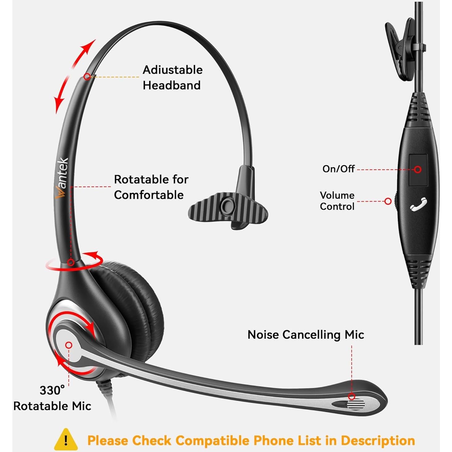Auricular Mono Wantek F600J35 con Micrófono y Cancelación de Ruido