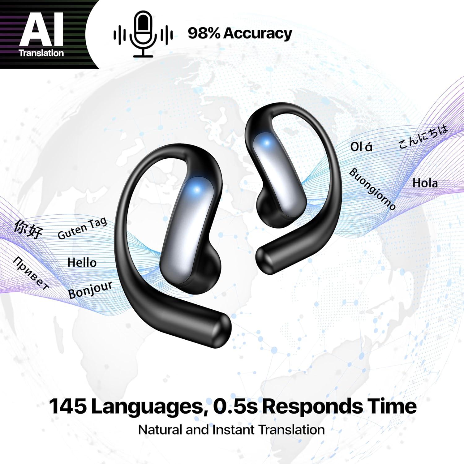 AI Language Translator Earbuds, 4-in-1 OWS Real Time 144 Languages and Accents Translation Earbuds, Audifonos Traductores Inglés Español Translation Device for Travel Business Learning, Black