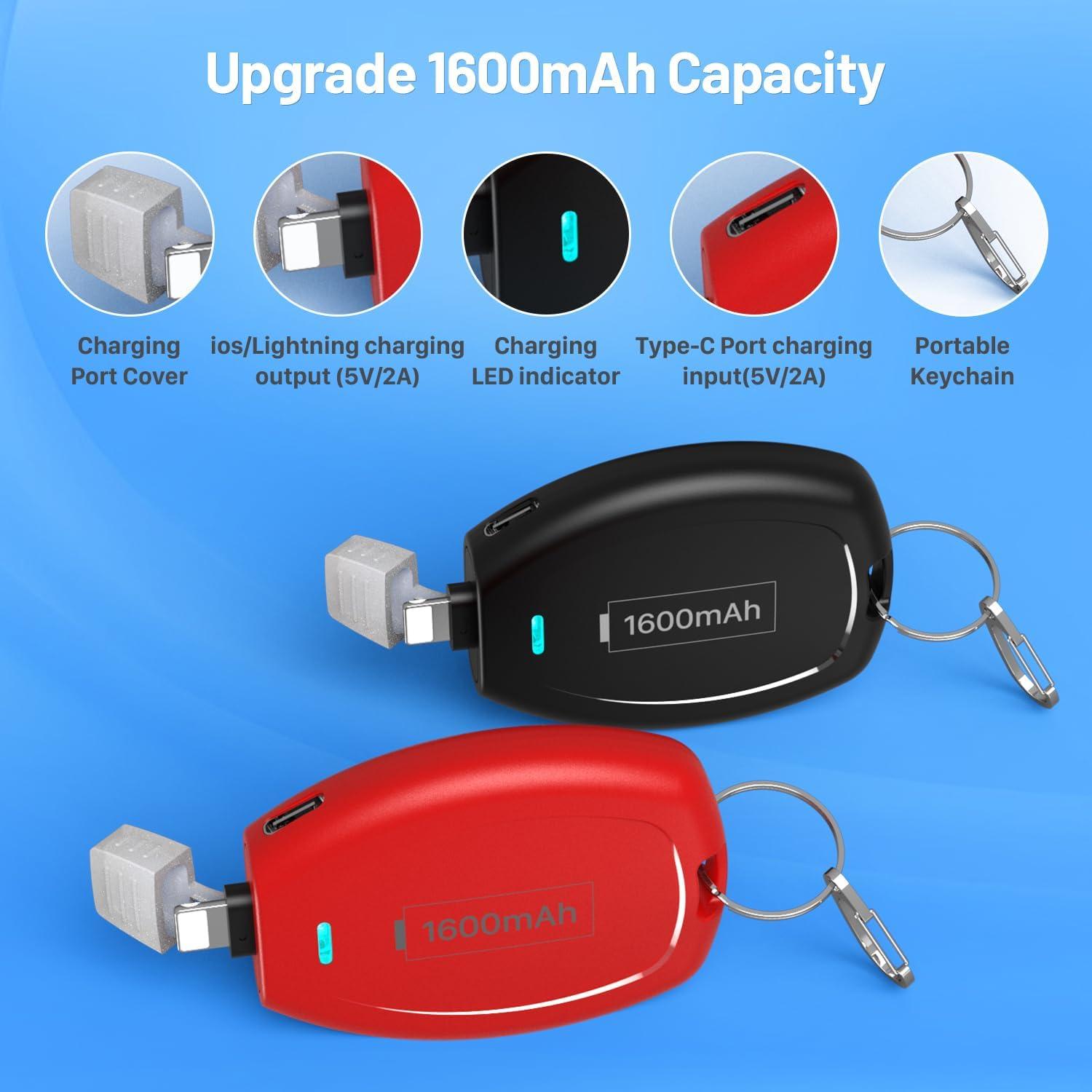 Cargador Portátil de Llavero 1600mAh para iPhone - Negro y Rojo