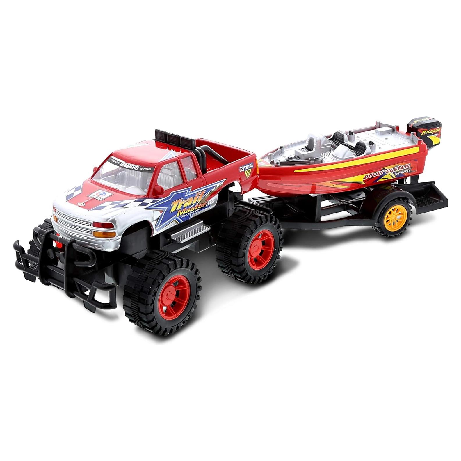 Juego de Camión Monstruo Mozlly con Remolque y Barco 22 cm