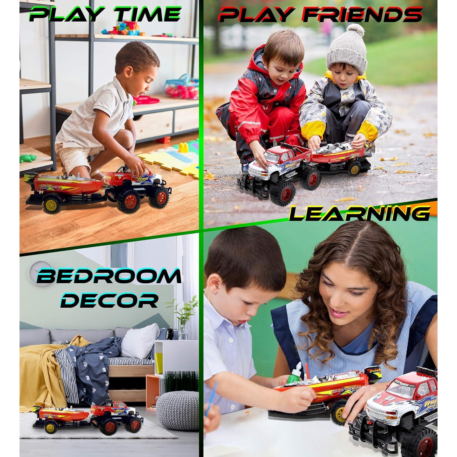 Juego de Camión Monstruo Mozlly con Remolque y Barco 22 cm