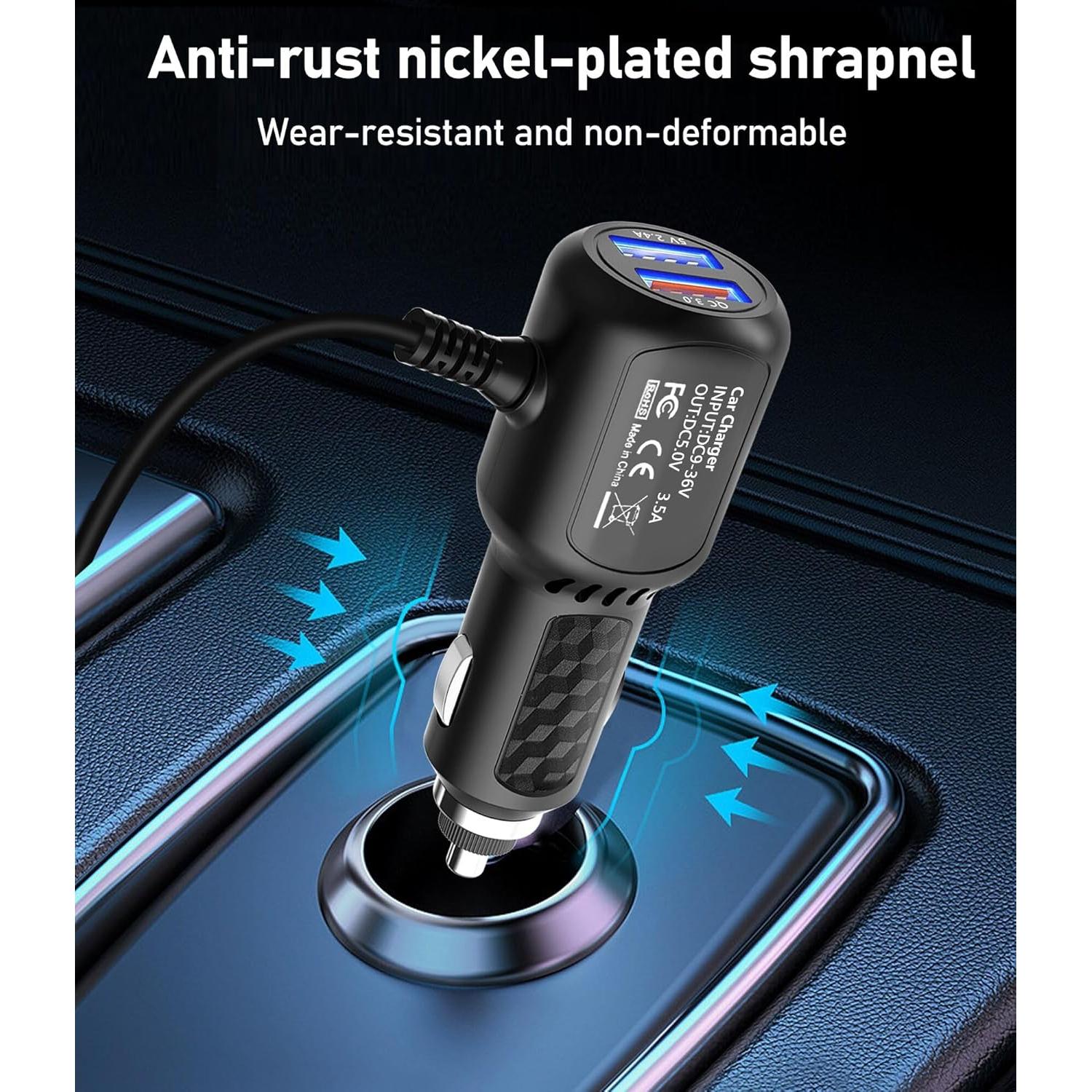 Cargador de Coche USB C 2 Puertos 3.4A con Cable 1.98m REDTIGER