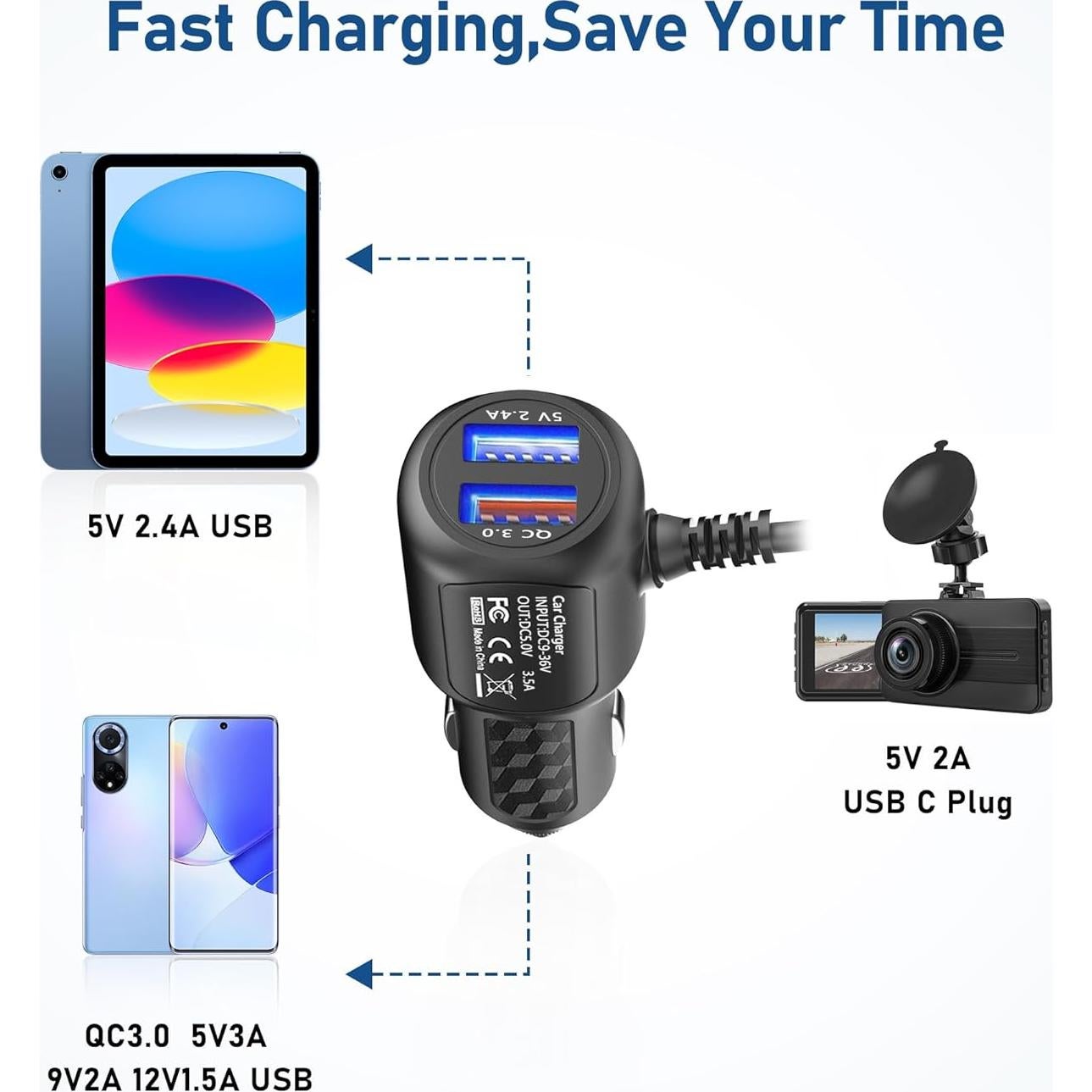 Cargador de Coche USB C 2 Puertos 3.4A con Cable 1.98m REDTIGER