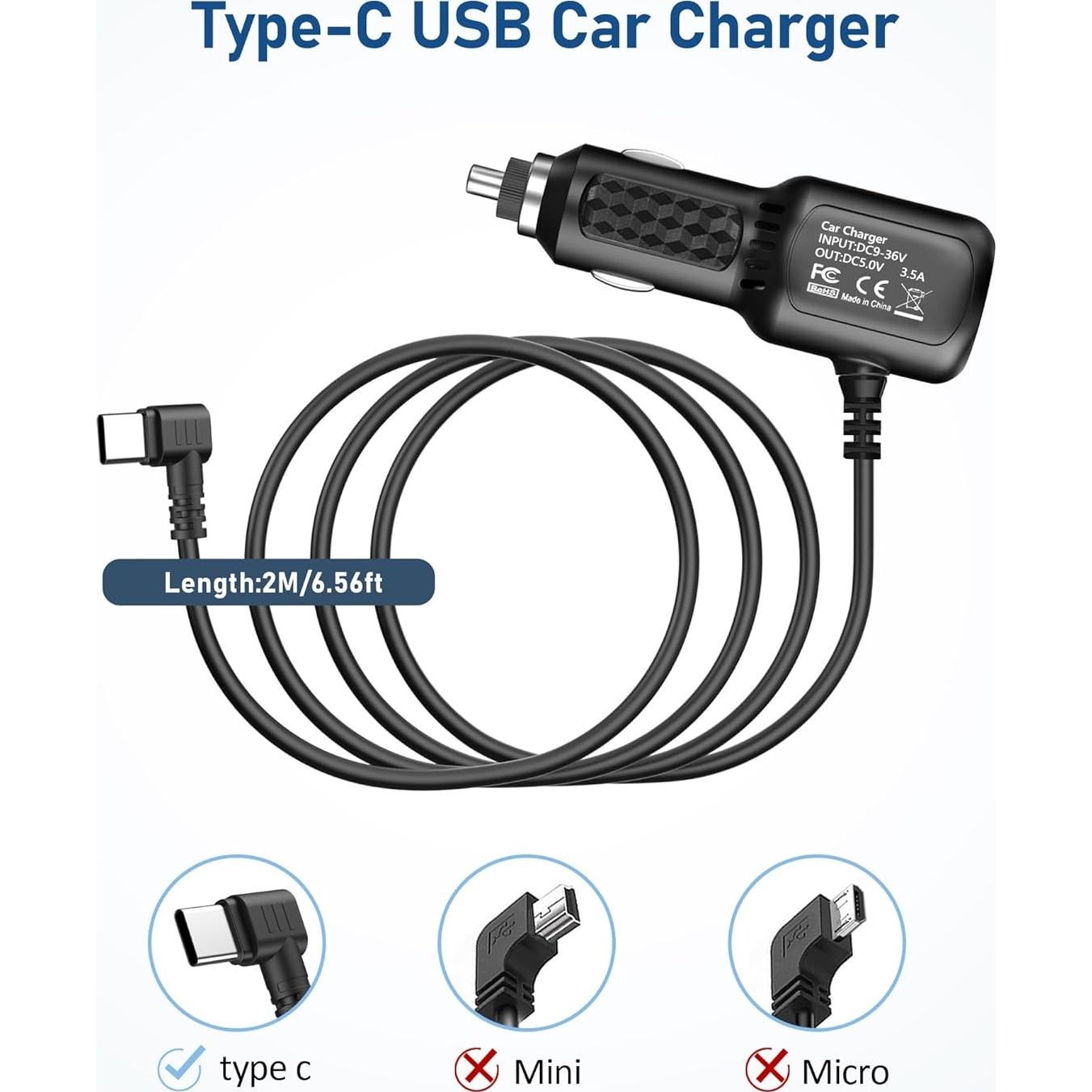 Cargador de Coche USB C 2 Puertos 3.4A con Cable 1.98m REDTIGER