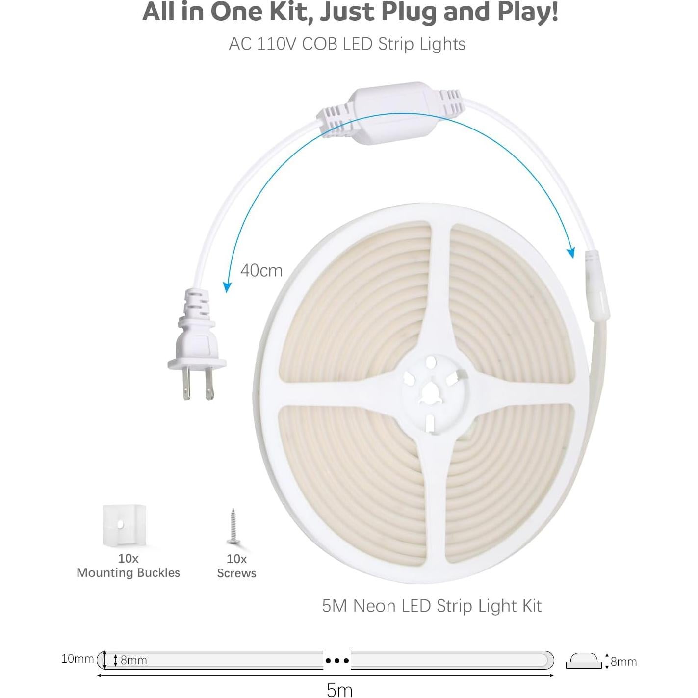 Cinta LED COB 5m ALITOVE Blanco Cálido 3000K IP67 para Exteriores