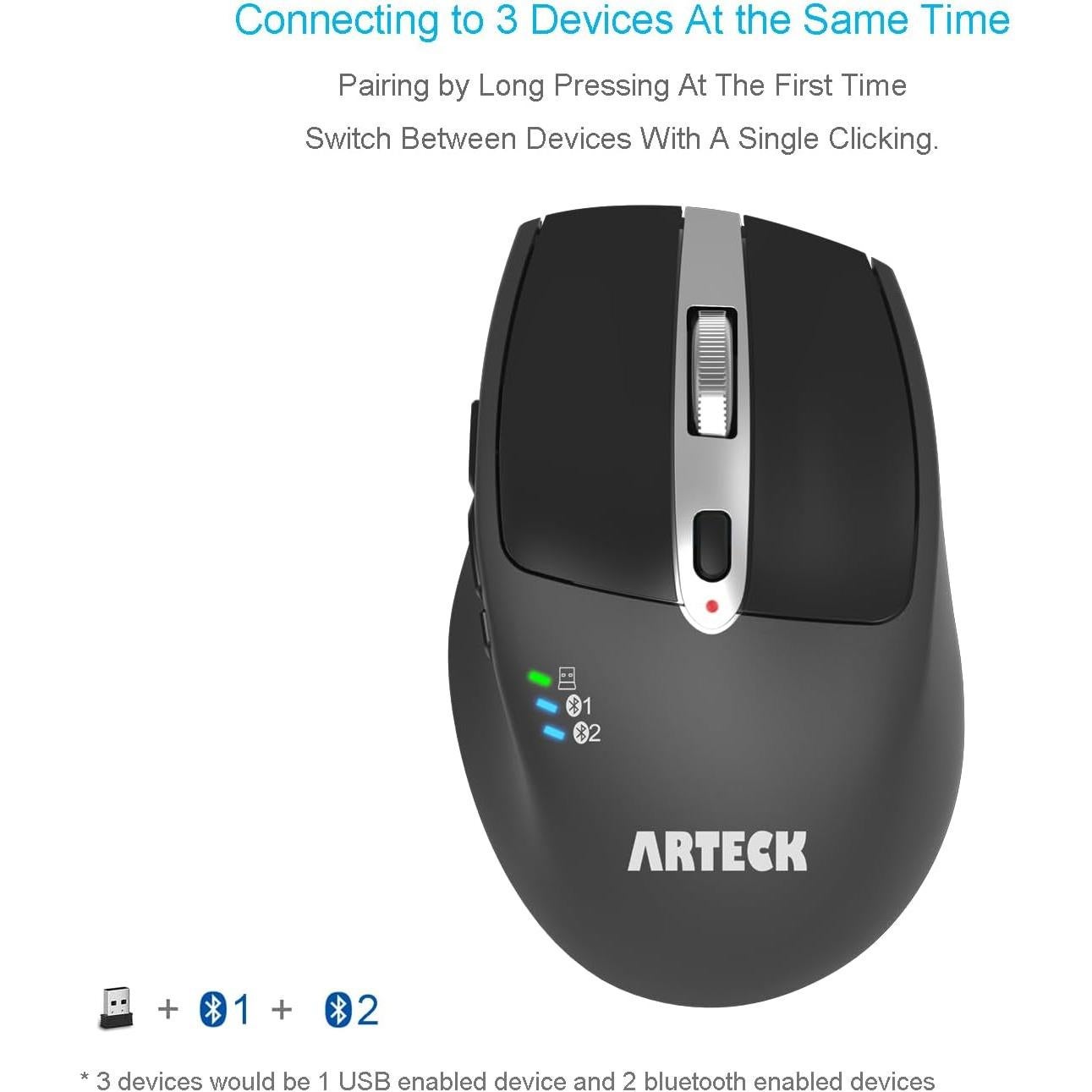 Mouse Inalambrico Bluetooth Arteck MD167, Negro, Ergonomico