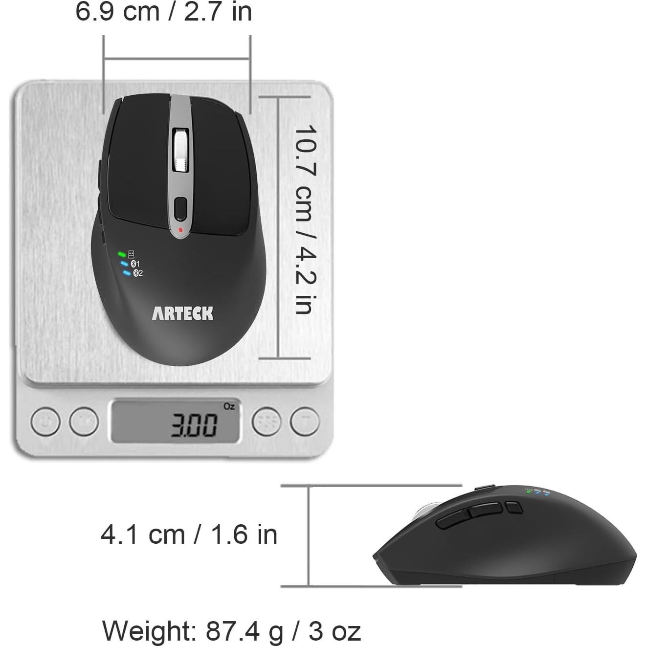 Mouse Inalambrico Bluetooth Arteck MD167, Negro, Ergonomico