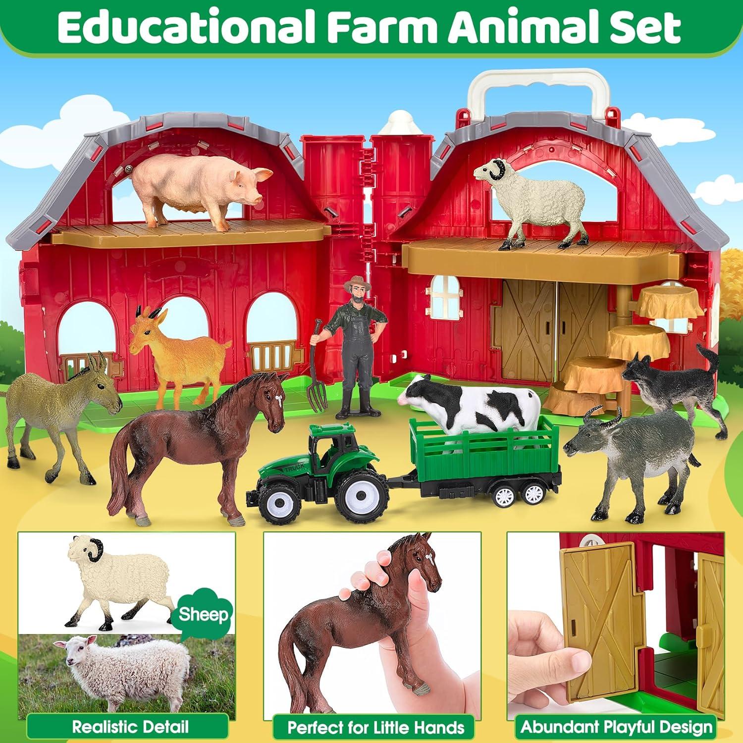 Juego de Granja Roja Ellinjan con Animales y Tractor 27,9 cm