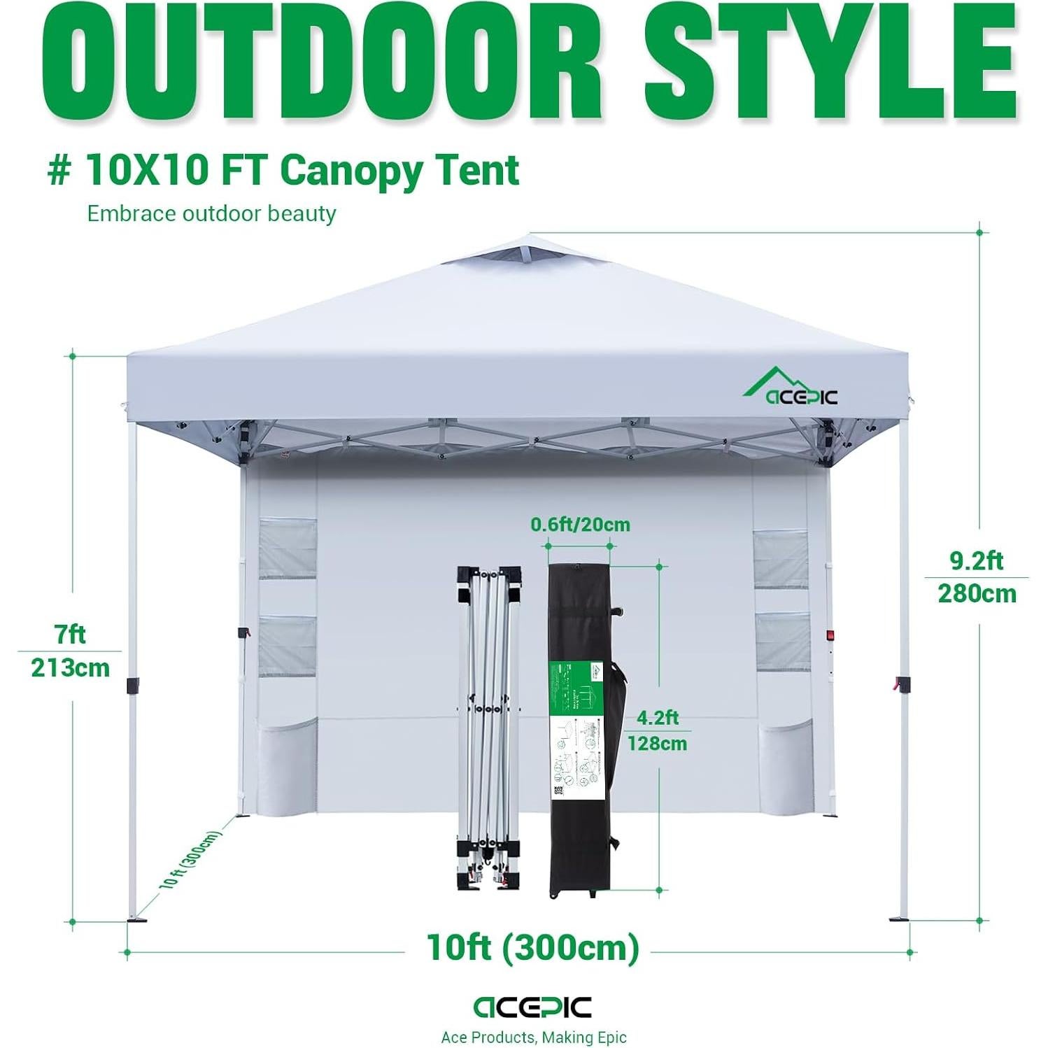 Carpa Plegable Acepic 10x10m con Pared Lateral y 6 Bolsillos