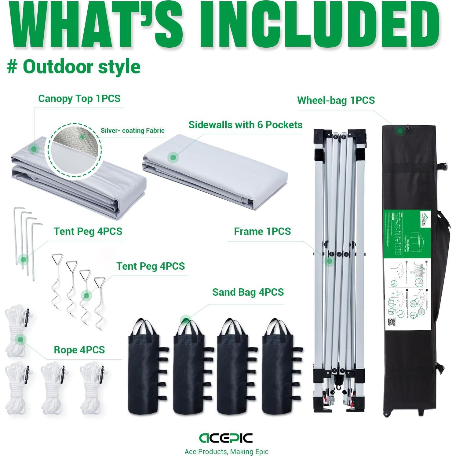 Carpa Plegable Acepic 10x10m con Pared Lateral y 6 Bolsillos