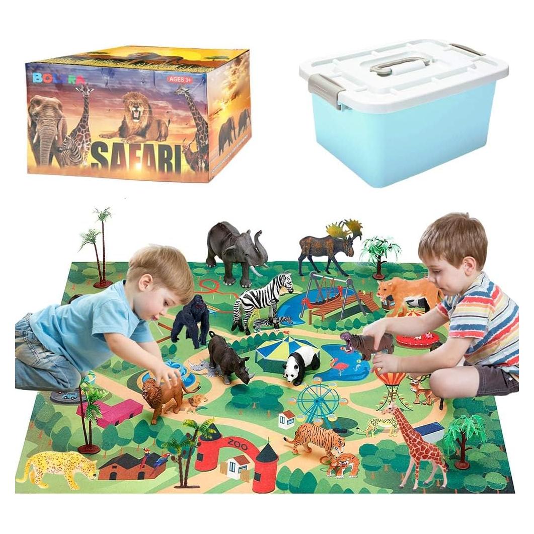BOLZRA Juego de Animales de Safari 22 Pcs con Alfombrilla