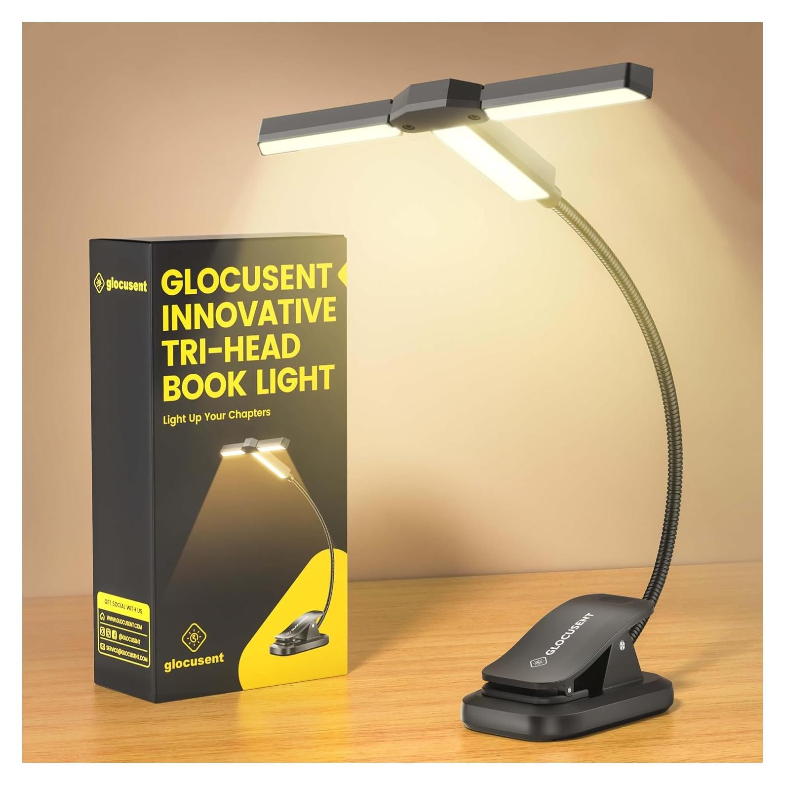 Luz de Libro Tri-Head Glocusent Recargable 1000mAh 3 Colores