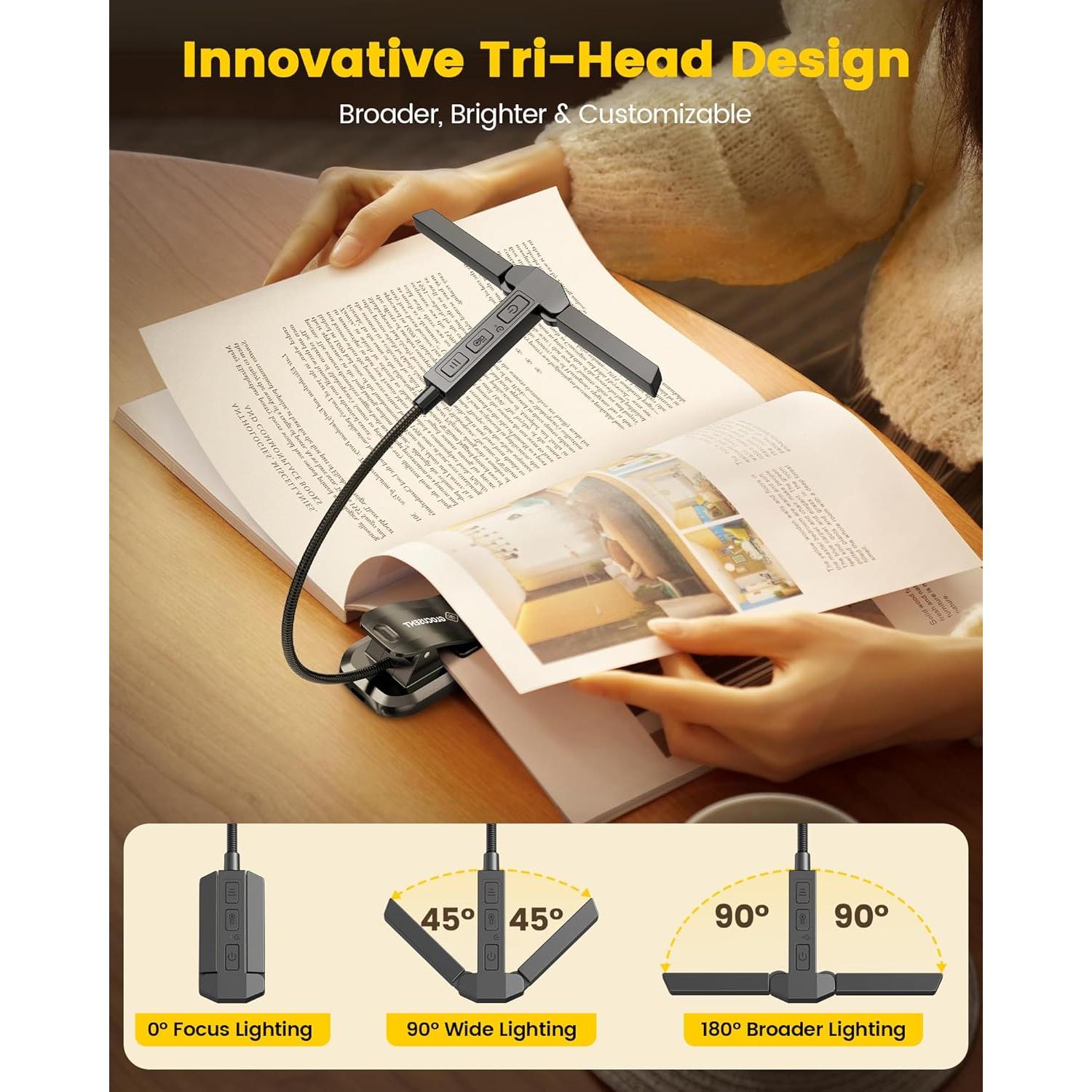 Luz de Libro Tri-Head Glocusent Recargable 1000mAh 3 Colores