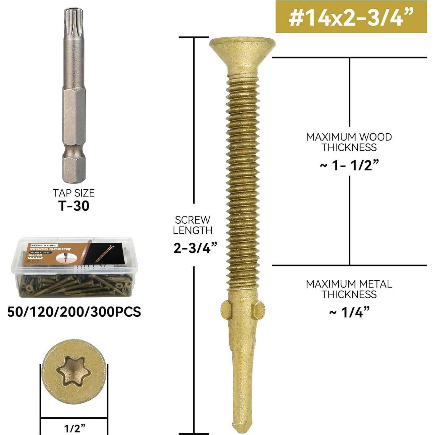 50 Tornillos Autoperforantes T30 Torx 14 x 70 mm para Madera a Metal