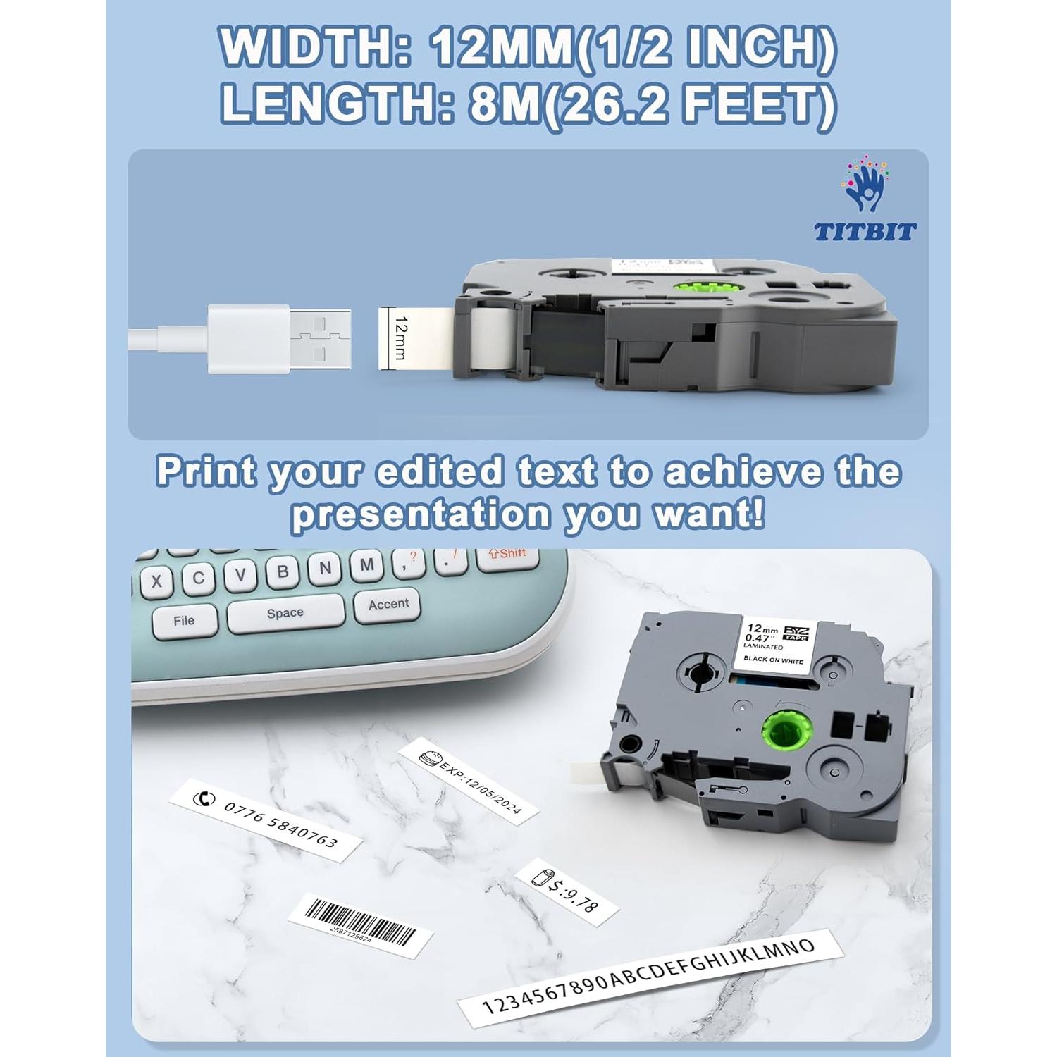 Cinta de Etiquetas TITBIT 12mm Negro sobre Blanco 2PK