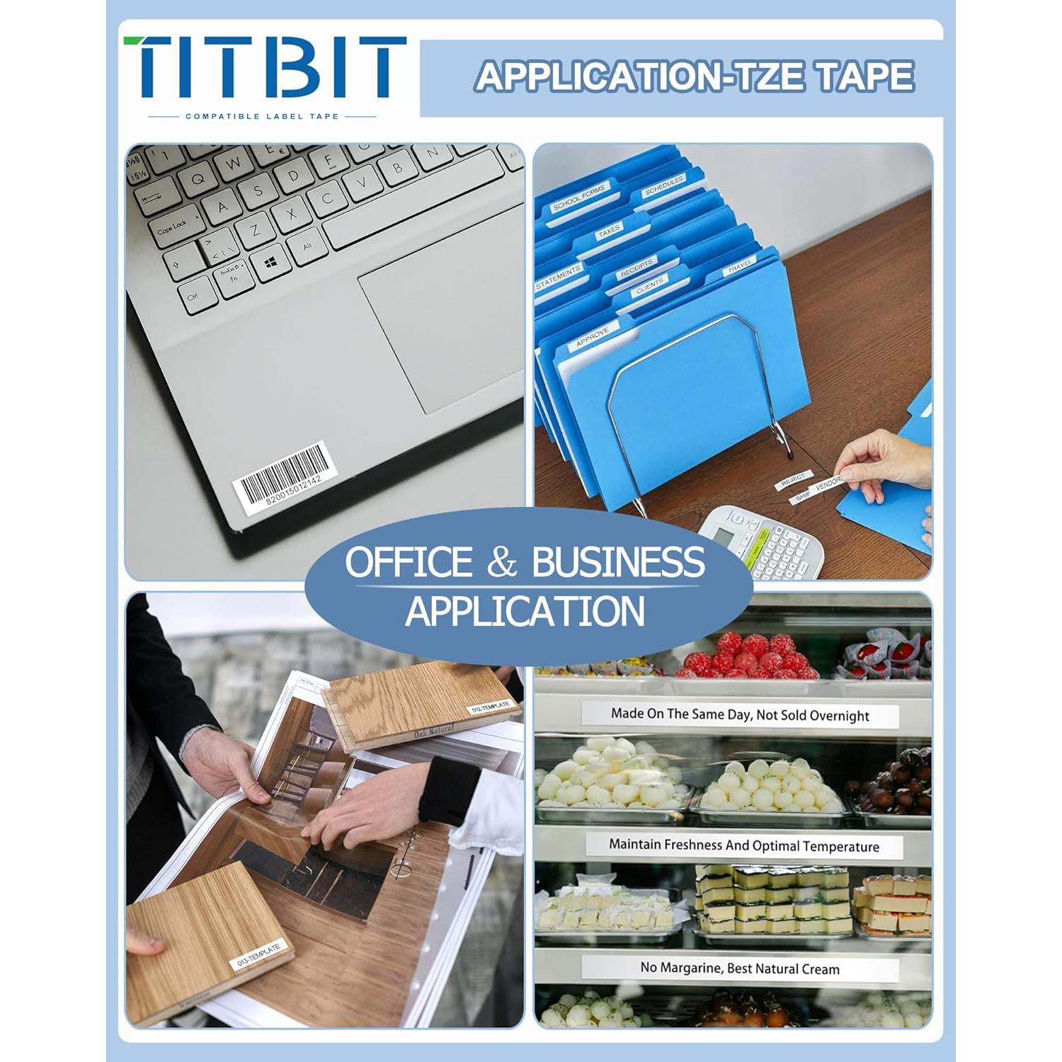 Cinta de Etiquetas TITBIT 12mm Negro sobre Blanco 2PK