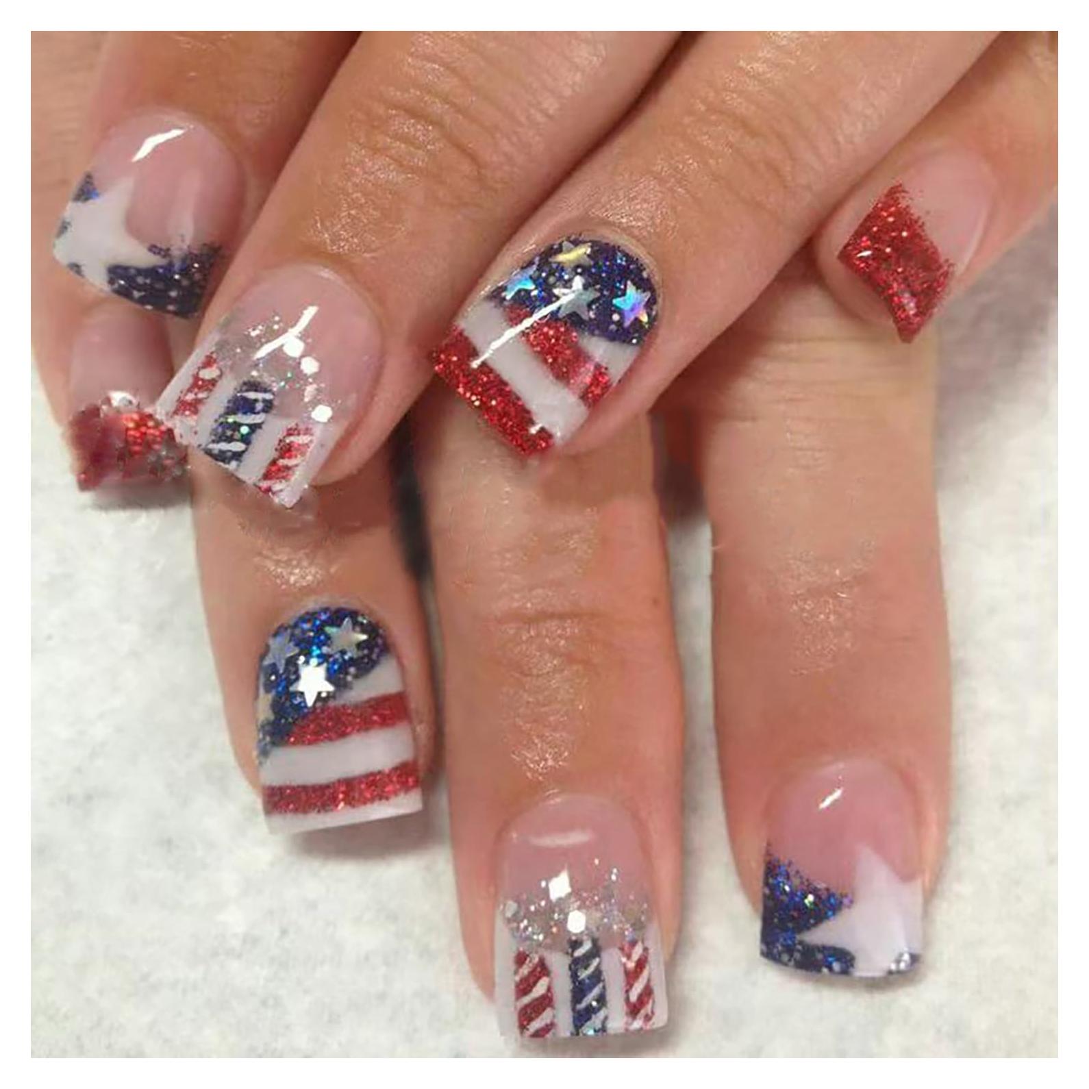 24Pcs Independence Day Press on Nails Short Square French Tip Fake Nails American Flags with Glitter Design Full Cover Stick on Nails Patriotic Nails 4th of July False Nails for Women Acrylic Nails