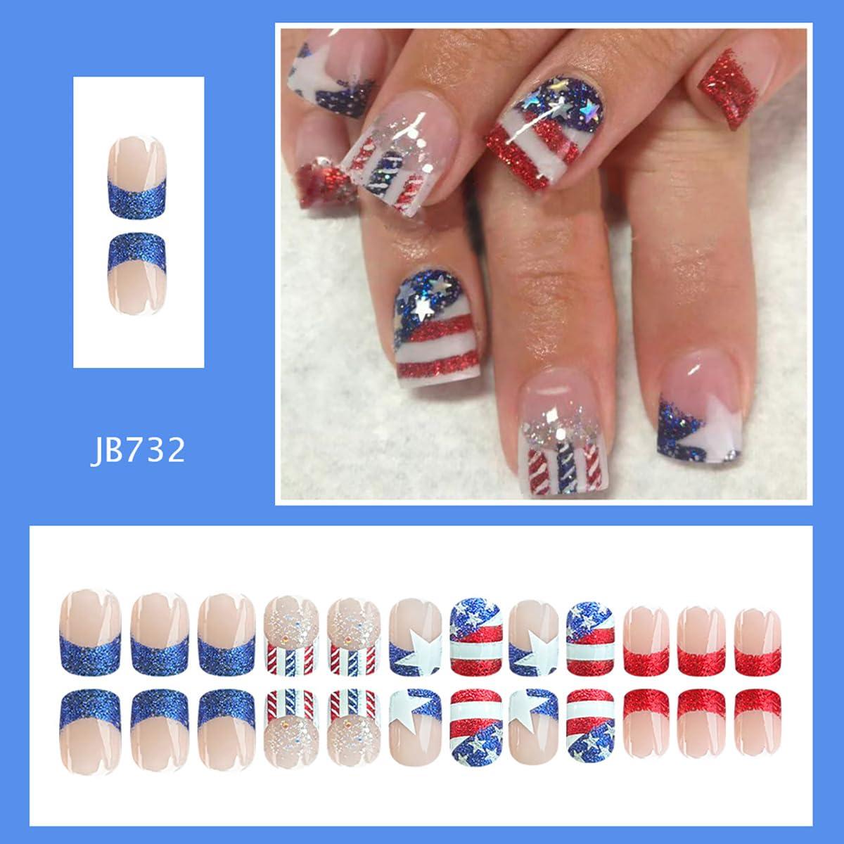 24Pcs Independence Day Press on Nails Short Square French Tip Fake Nails American Flags with Glitter Design Full Cover Stick on Nails Patriotic Nails 4th of July False Nails for Women Acrylic Nails