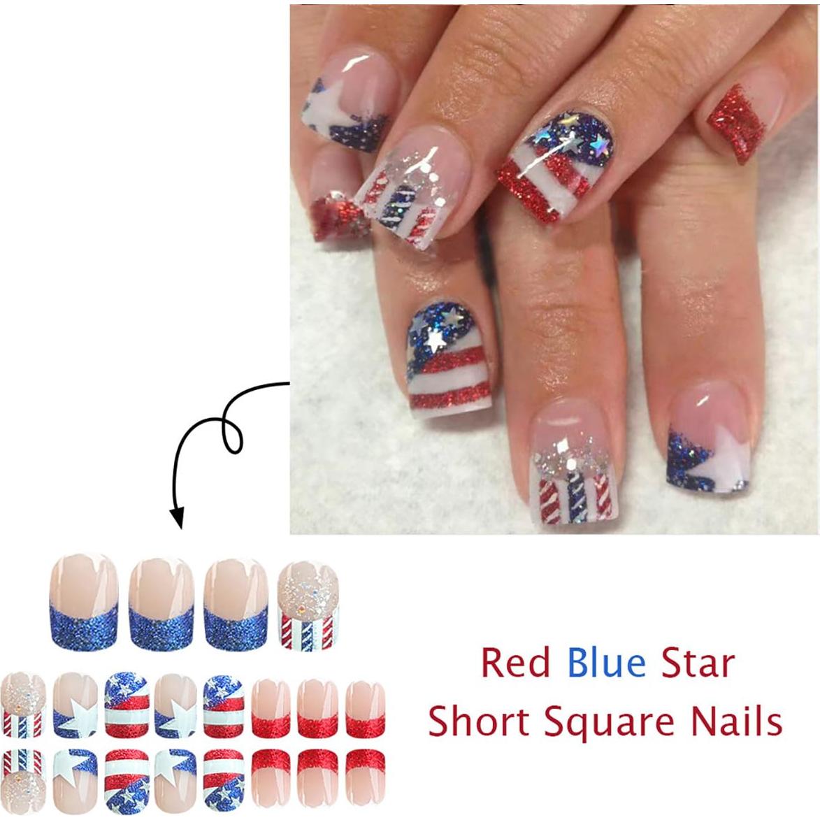 24Pcs Independence Day Press on Nails Short Square French Tip Fake Nails American Flags with Glitter Design Full Cover Stick on Nails Patriotic Nails 4th of July False Nails for Women Acrylic Nails
