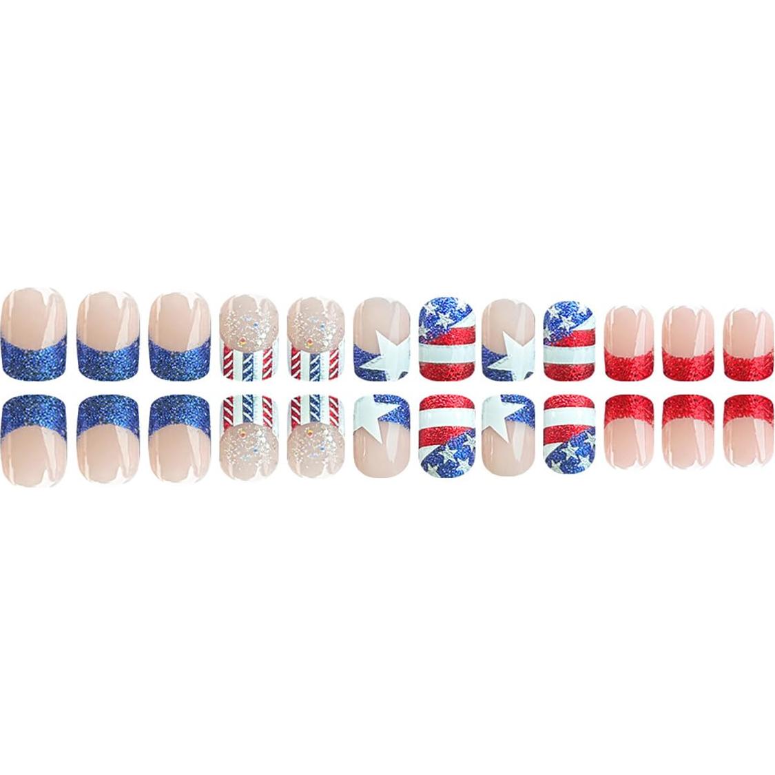 24Pcs Independence Day Press on Nails Short Square French Tip Fake Nails American Flags with Glitter Design Full Cover Stick on Nails Patriotic Nails 4th of July False Nails for Women Acrylic Nails
