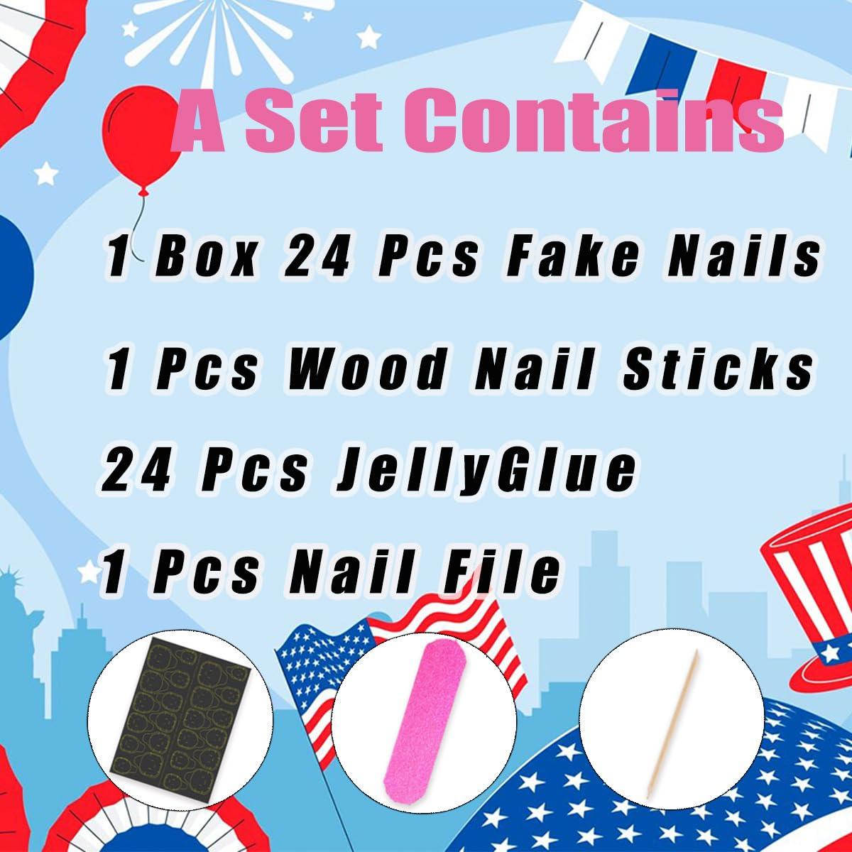 24Pcs Independence Day Press on Nails Short Square French Tip Fake Nails American Flags with Glitter Design Full Cover Stick on Nails Patriotic Nails 4th of July False Nails for Women Acrylic Nails