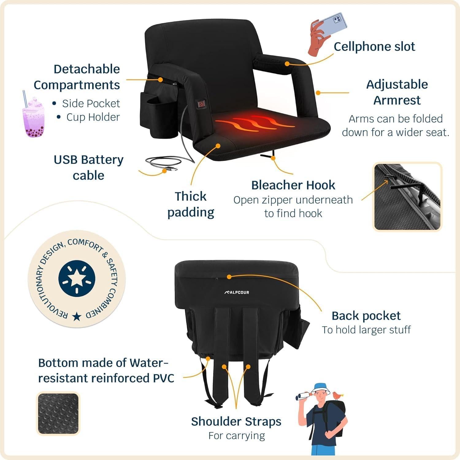 Asiento de Estadio Calentado Alpcour Deluxe 53 cm Negro