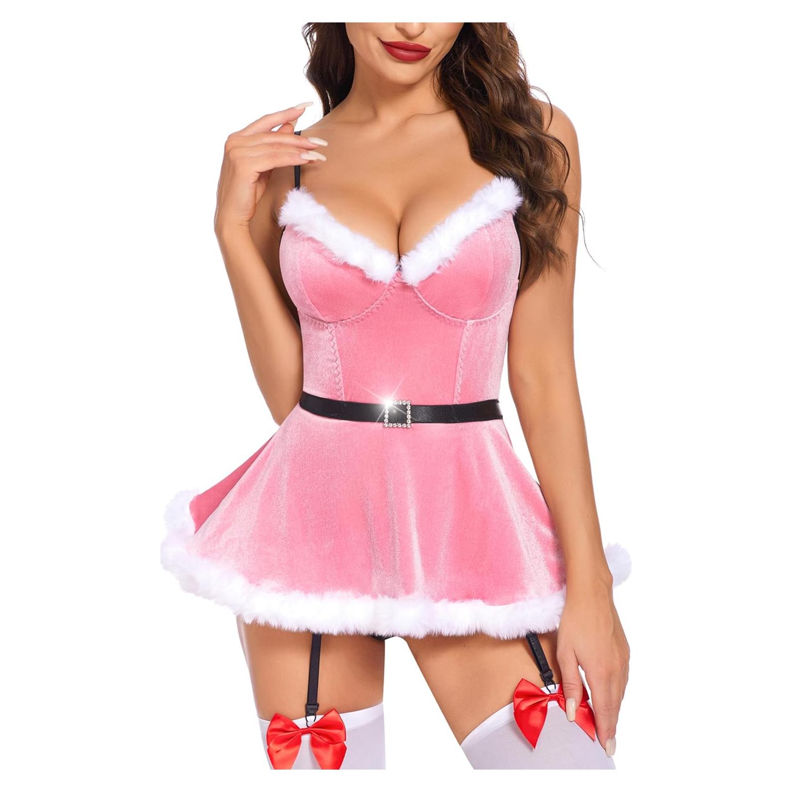 Avidlove Lencería Sexy Babydoll V Terciopelo Rosa Mediano