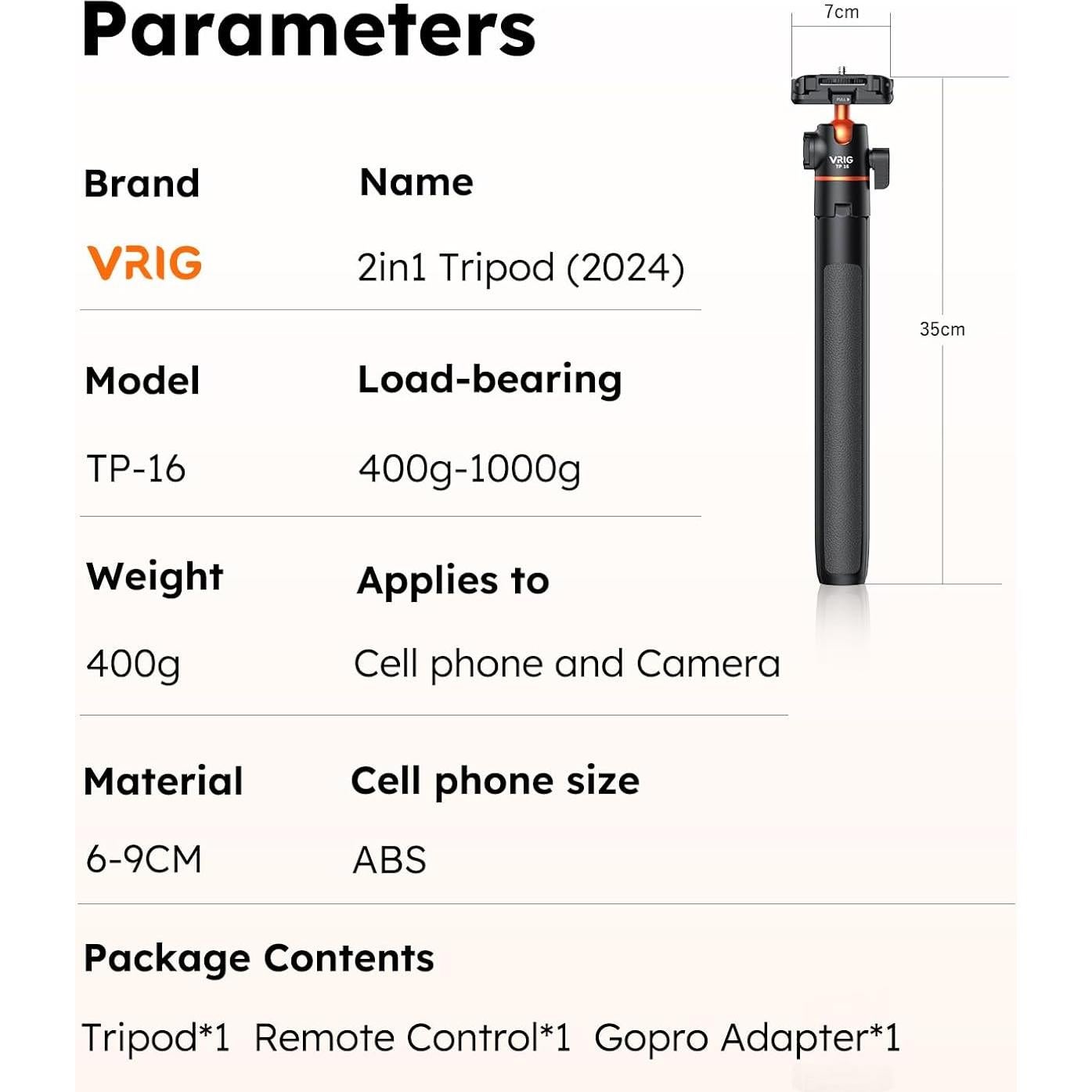 Trípode Extensible VRIG TP-16 para Teléfono y Cámara 2 en 1