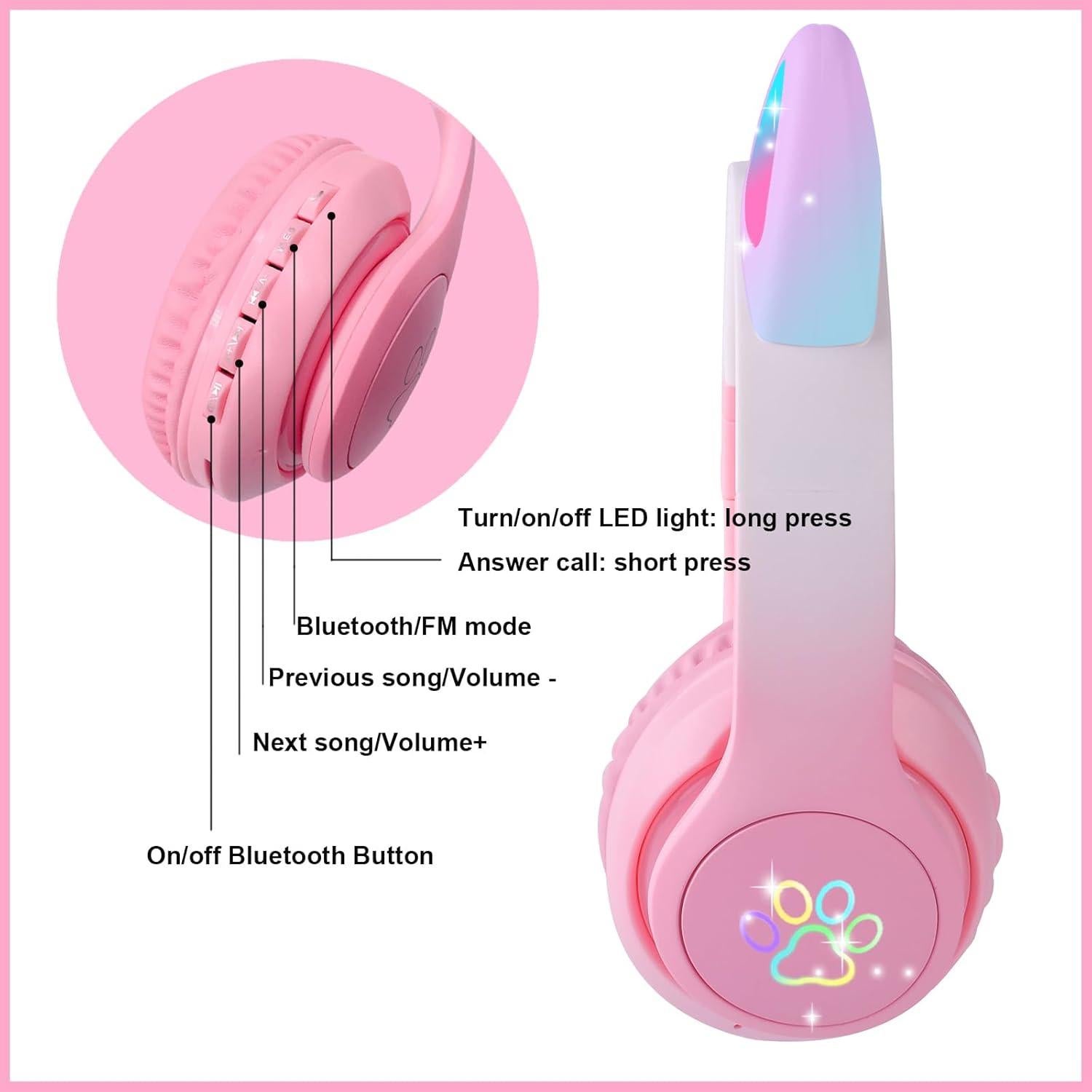 Auriculares Bluetooth HOYJACY HT-T2 Rosa con Orejas de Gato LED