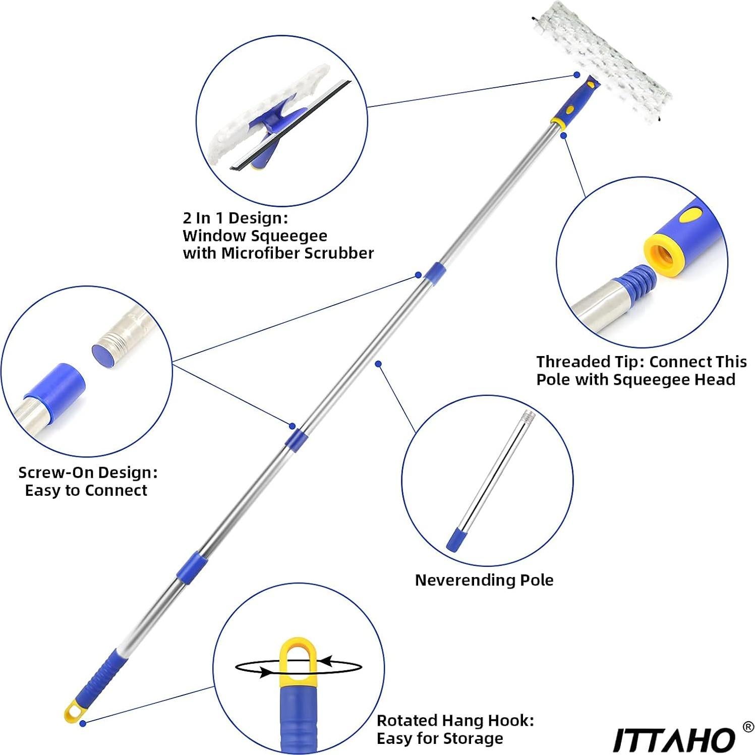 Limpiador de Ventanas ITTAHO 2 en 1 con Raspador y Polo Extensible