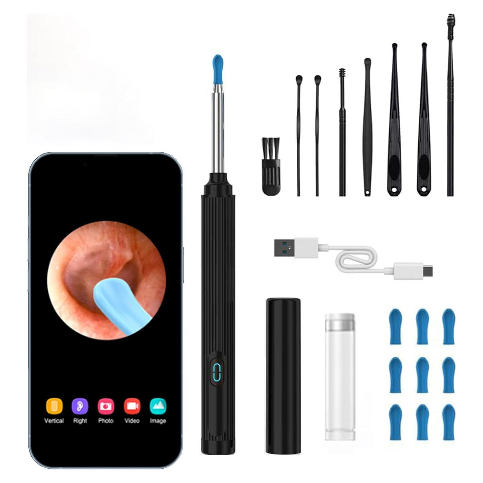 Kit de Limpiador de Oídos con Cámara HD 1080P MSXGSYYDS Negro