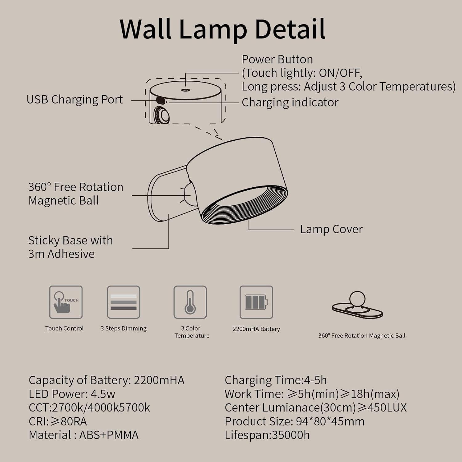 Aplique de Pared LED AKSDA con Batería Recargable 3 Brillos