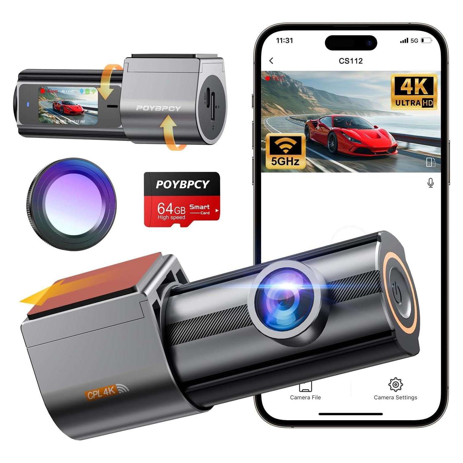 Cámara Dash 4K POYBPCY con WiFi, Visión Nocturna y G-Sensor