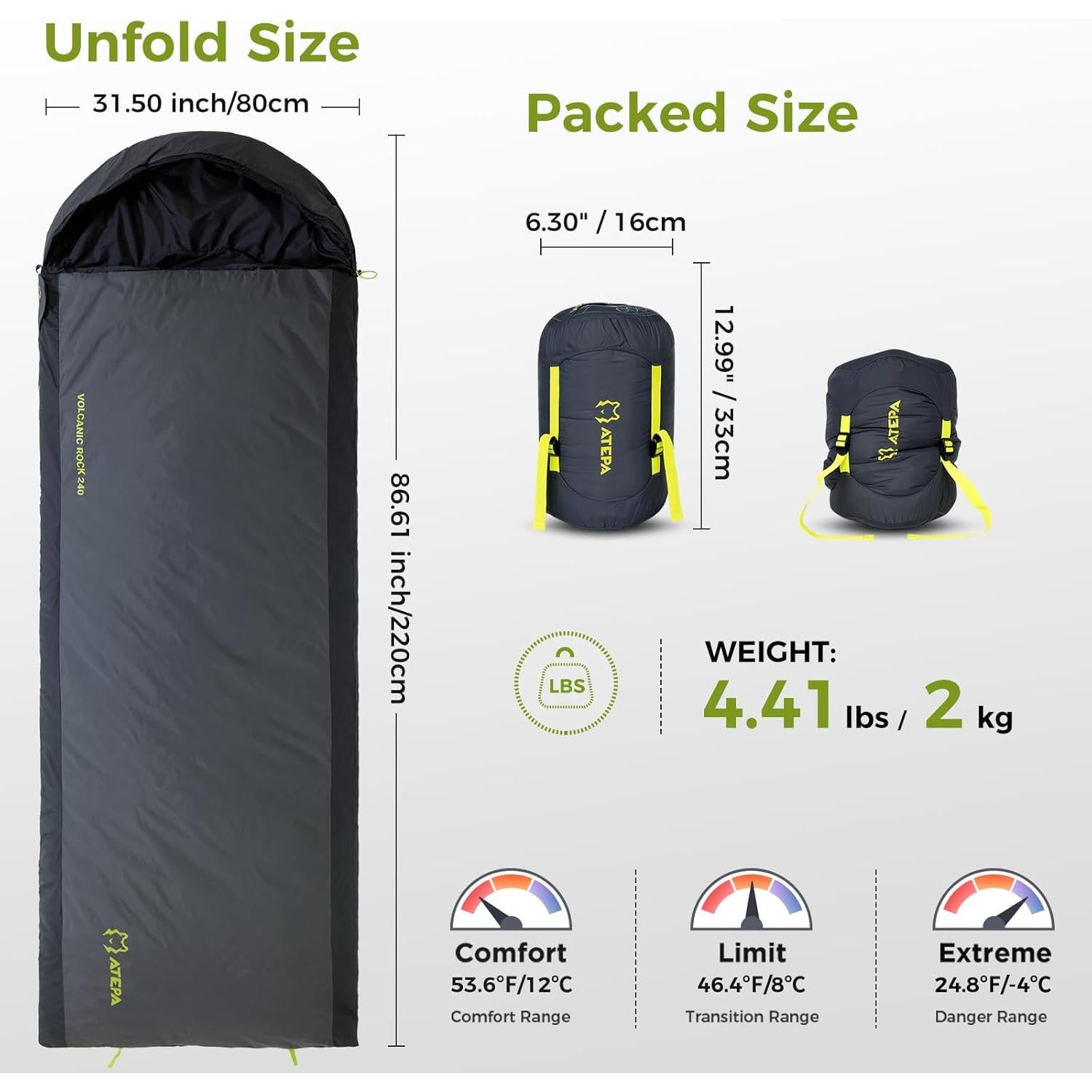 ATEPA Sleeping Bag for Adults, 3 Season Cold Weather & Warm Weather Compact Waterproof Sleeping Bag with Compression Sack for Camping Backpacking Hiking