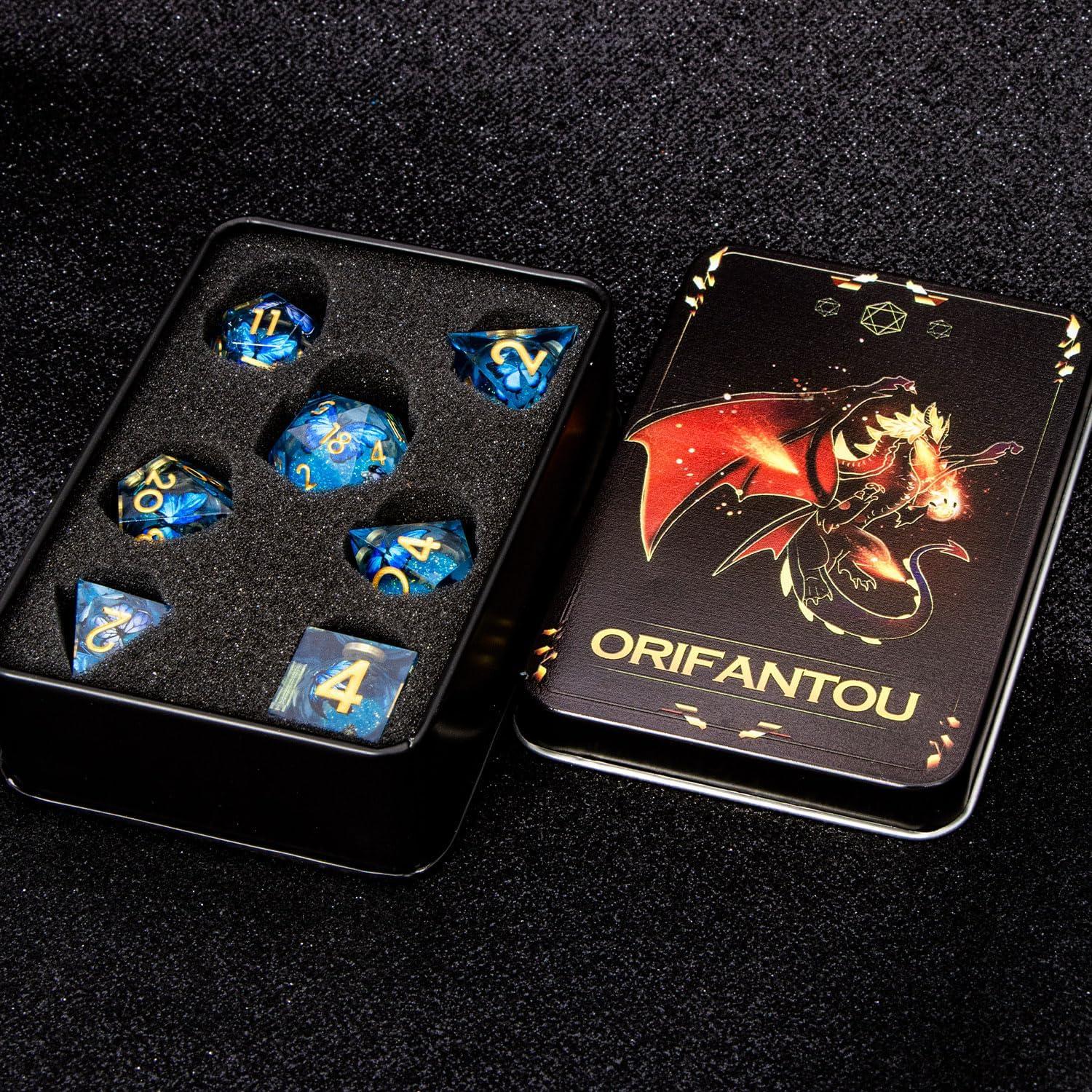 Juego de Dados DND Mariposa ORIFANTOU con Núcleo Líquido