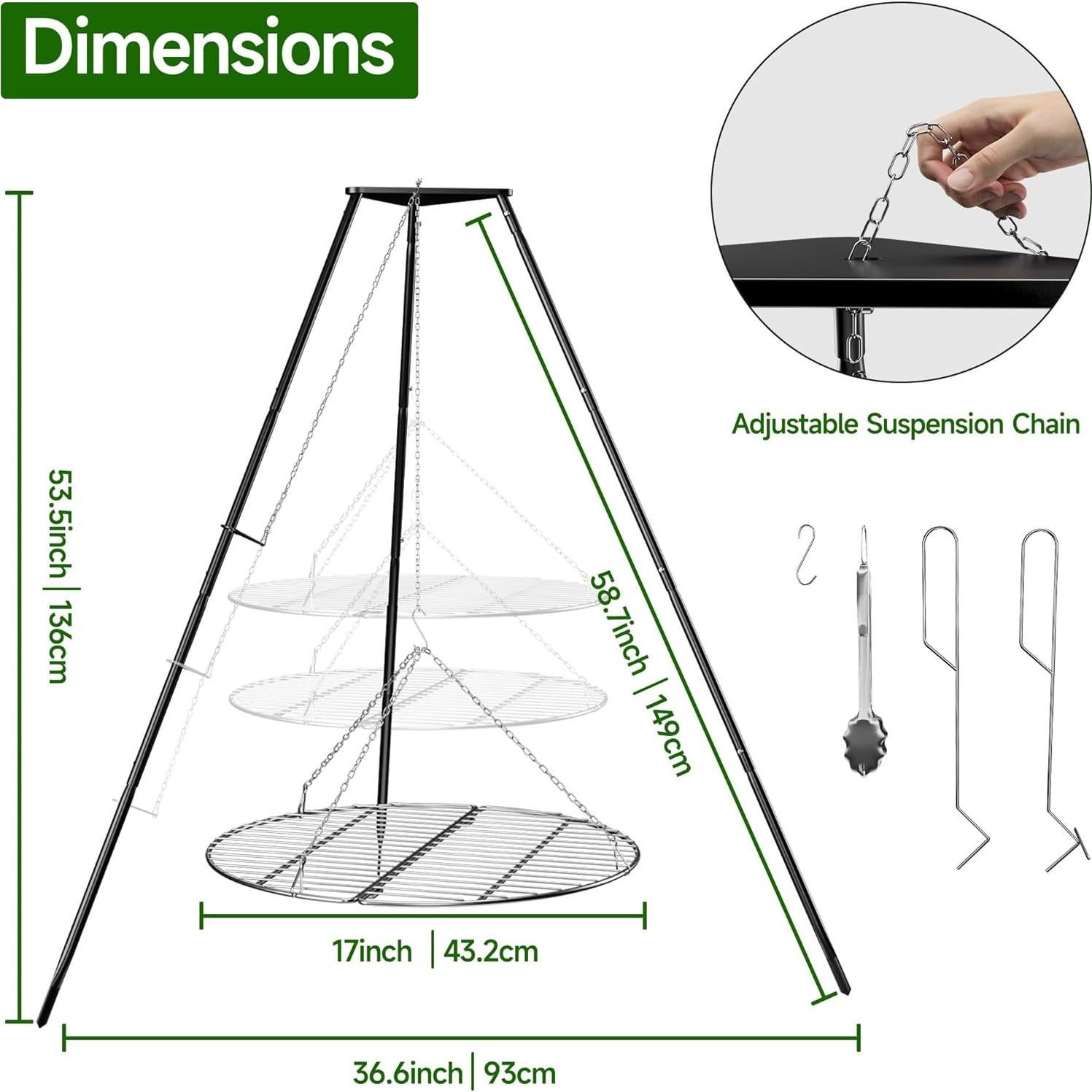 Trípode de Fogata Portátil SUZLON con Parrilla Redonda Ajustable