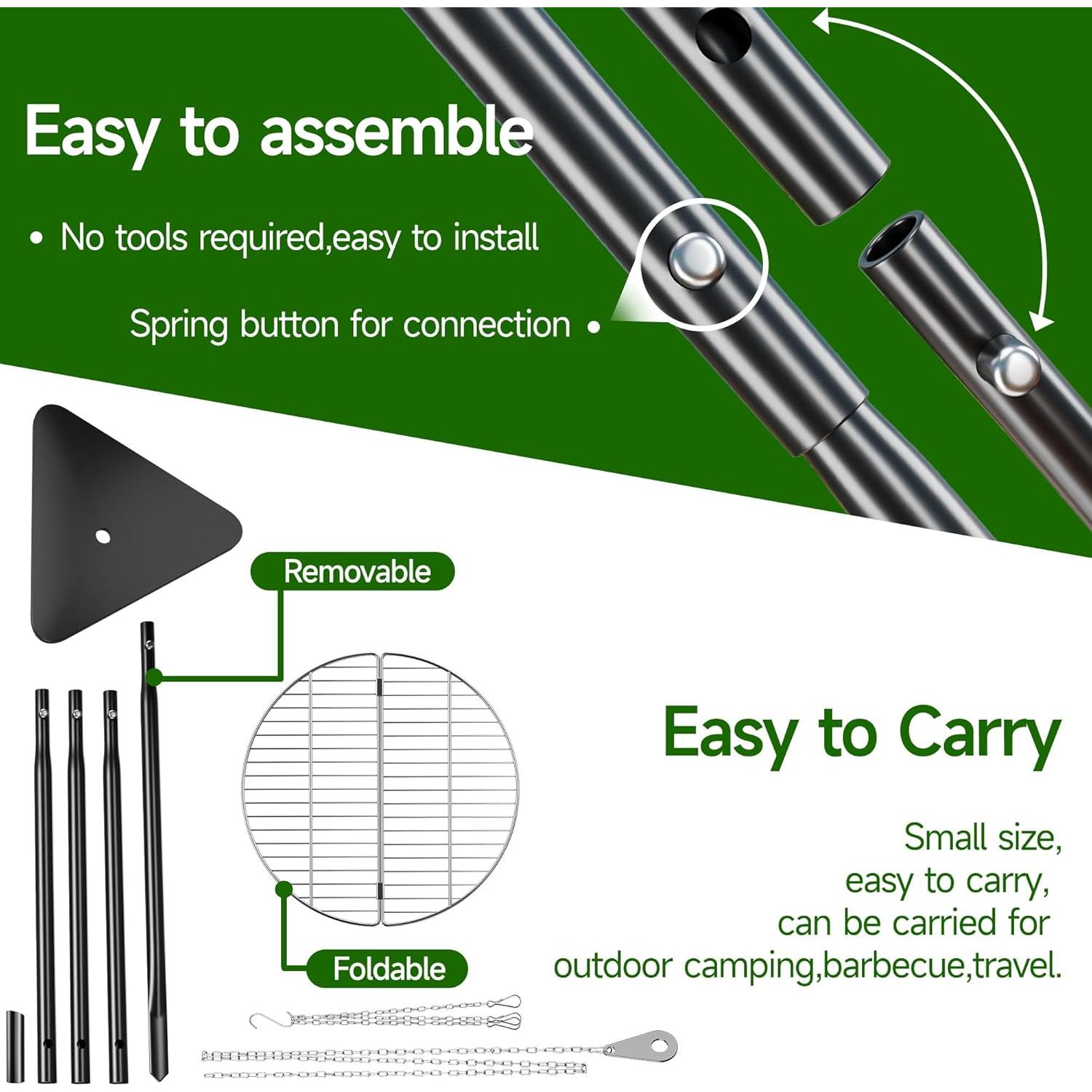 Trípode de Fogata Portátil SUZLON con Parrilla Redonda Ajustable