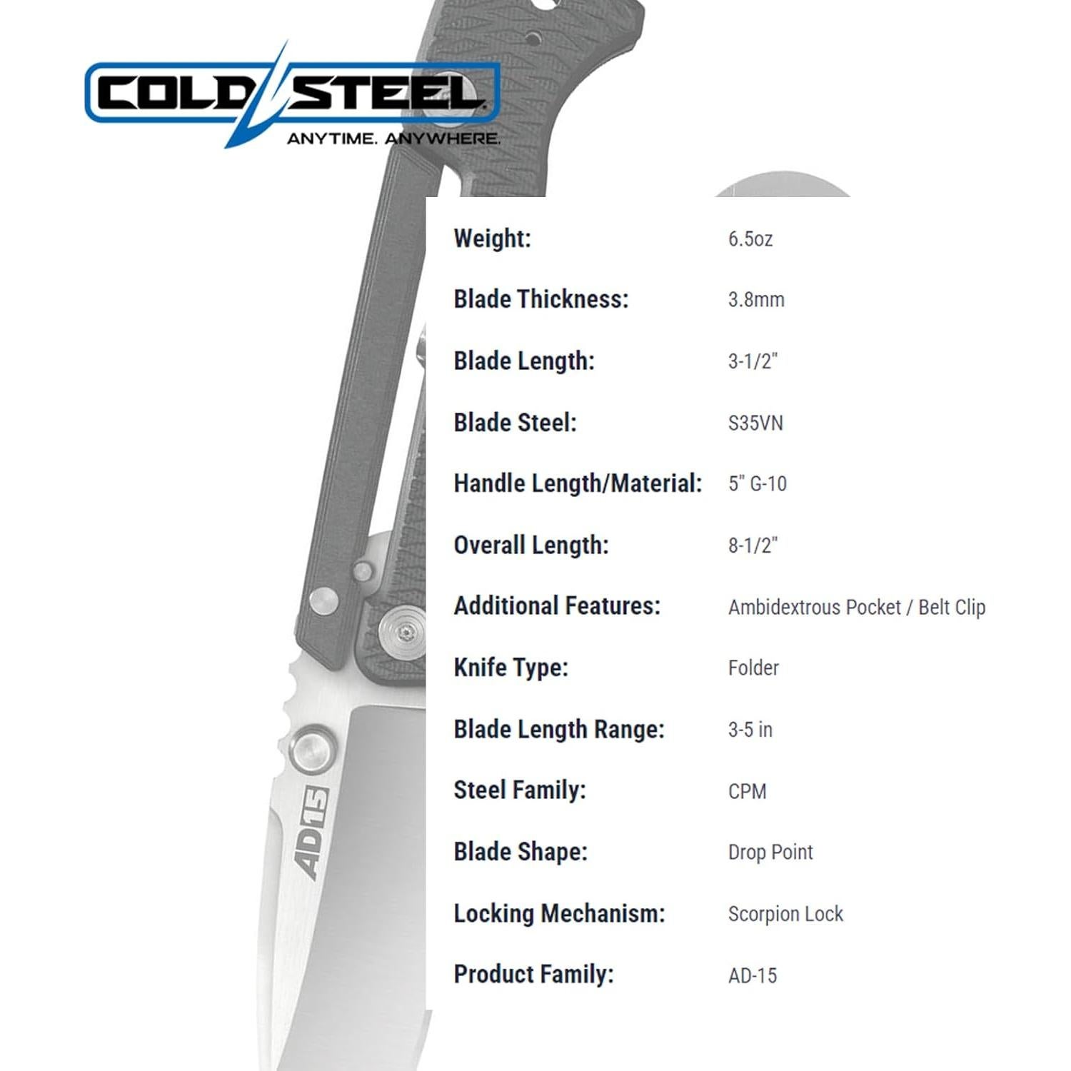 Cuchillo Plegable Táctico Cold Steel AD-15 S35VN 8.9 cm