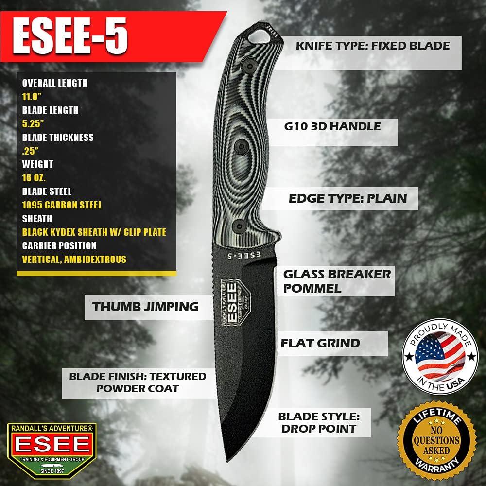 Cuchillo de Supervivencia ESEE-5 con Funda Kydex, Acero 1095