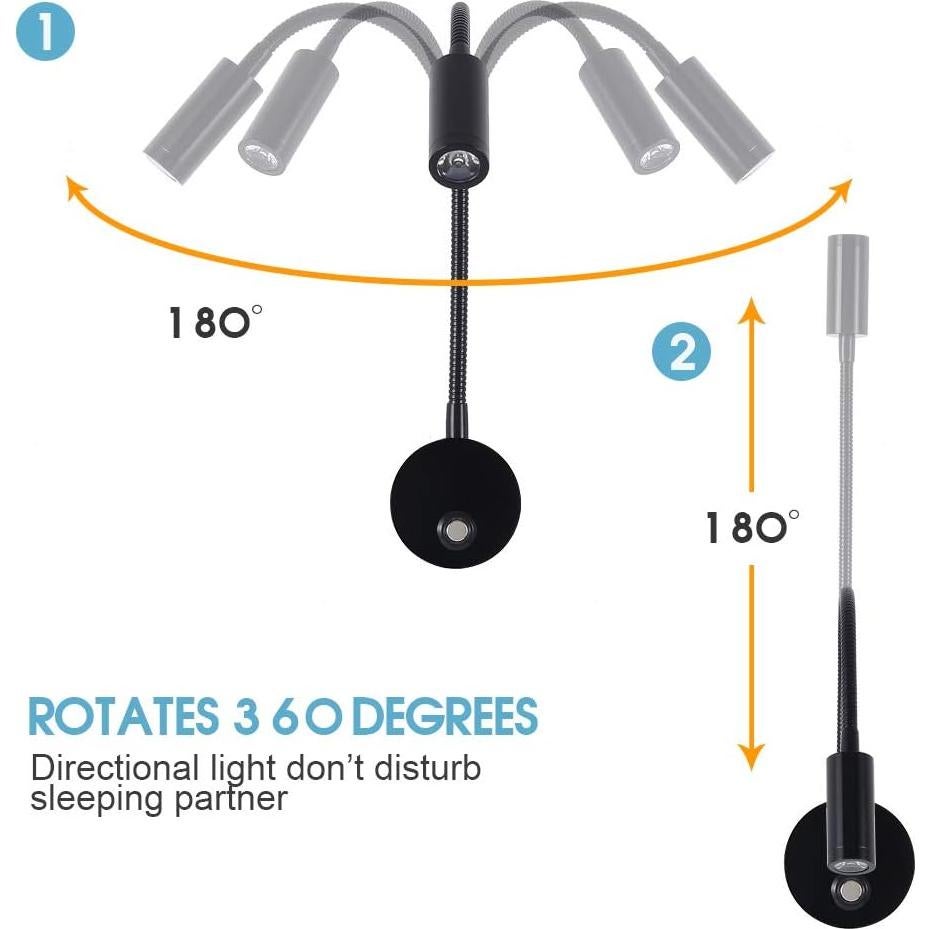 Luz de Lectura LED Regulable WisHomee con USB 12V - 2 Paquete