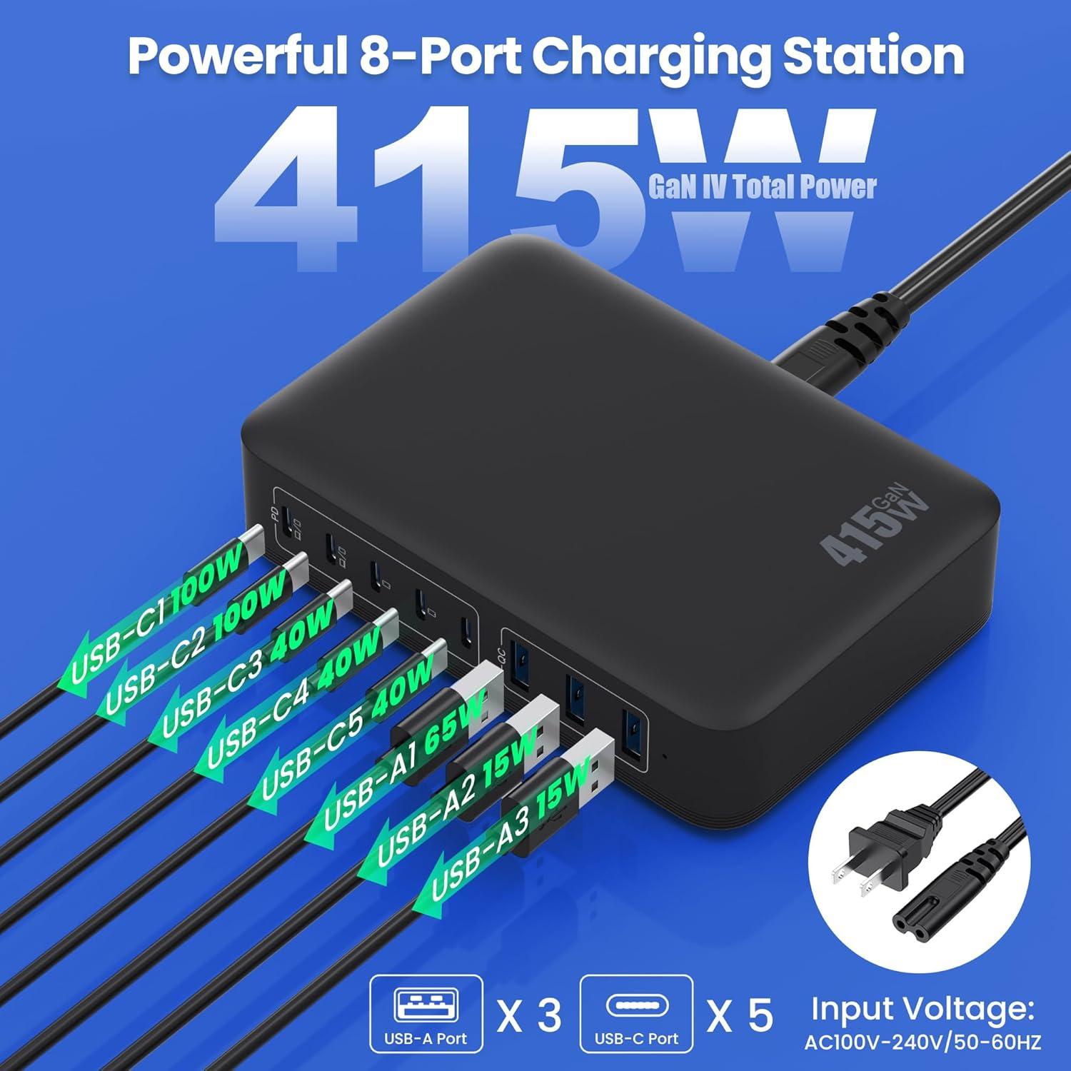 Cargador USB C 415W Kioson 8 Puertos Carga Rápida PD 100W