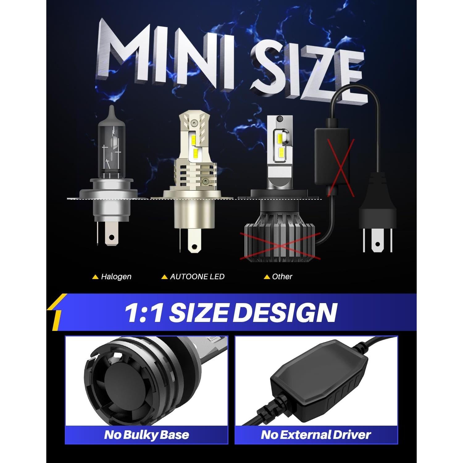 Bombillas LED AUTOONE 9003 Hi/Lo 6000K 40000LM IP68 - Paquete de 2