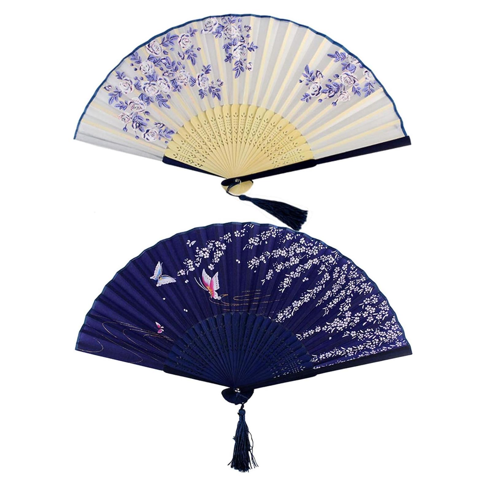 Bantoye 2 Abanicos Plegables de Seda con Marcos de Bambú