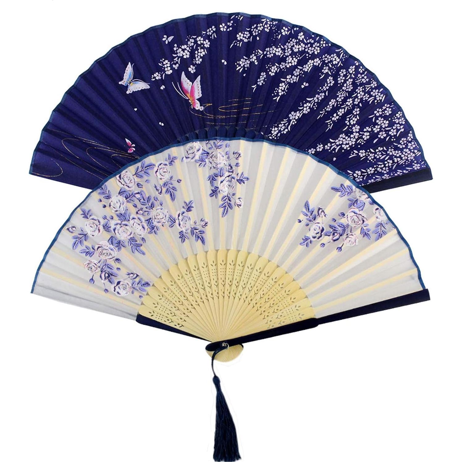 Bantoye 2 Abanicos Plegables de Seda con Marcos de Bambú