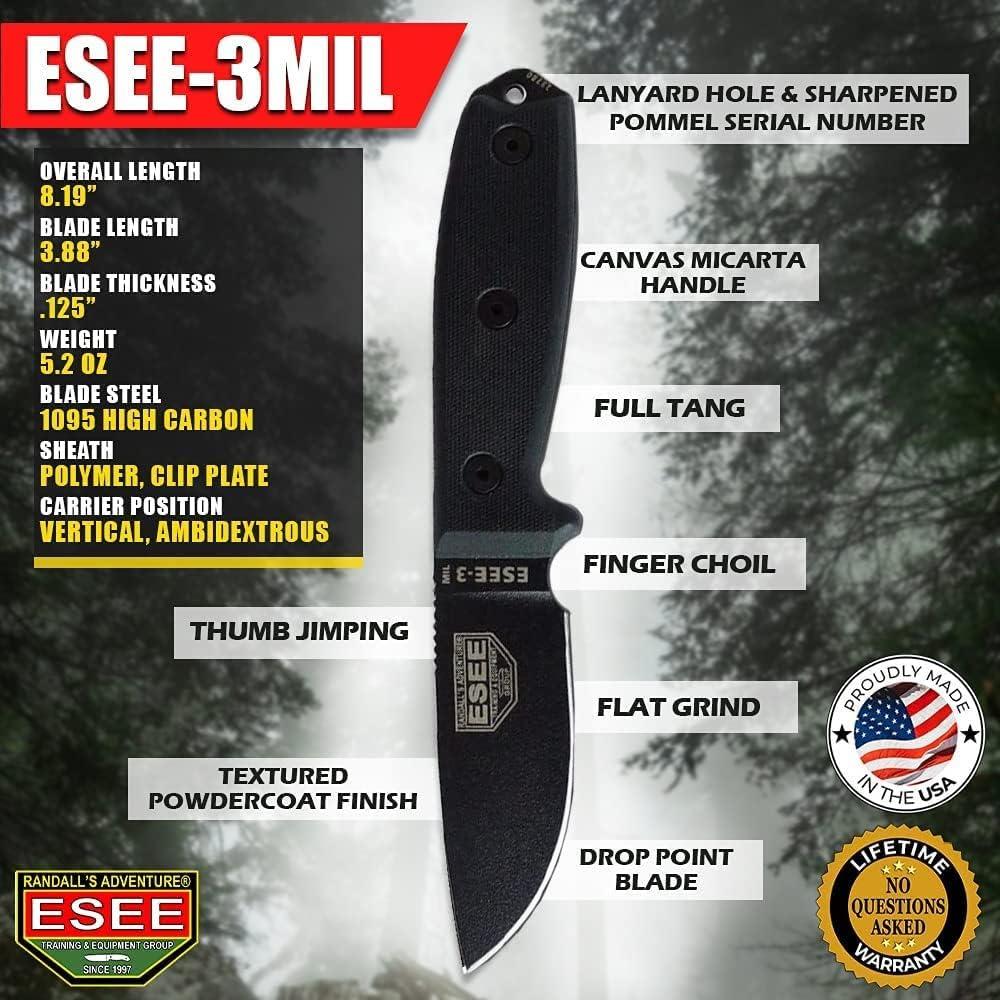 Cuchillo ESEE 3MIL Hoja Fija 9.53 cm con Funda Moldeada