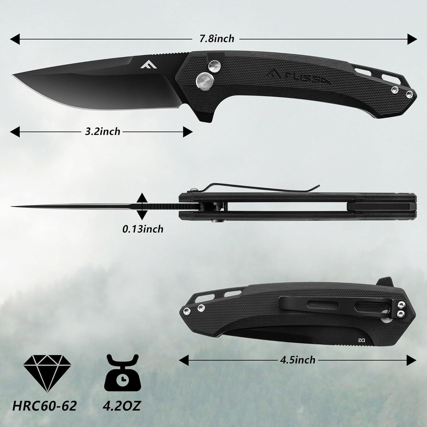 Cuchillo Plegable FLISSA EDC, Hoja D2 8.1 cm, Mango G10 Negro